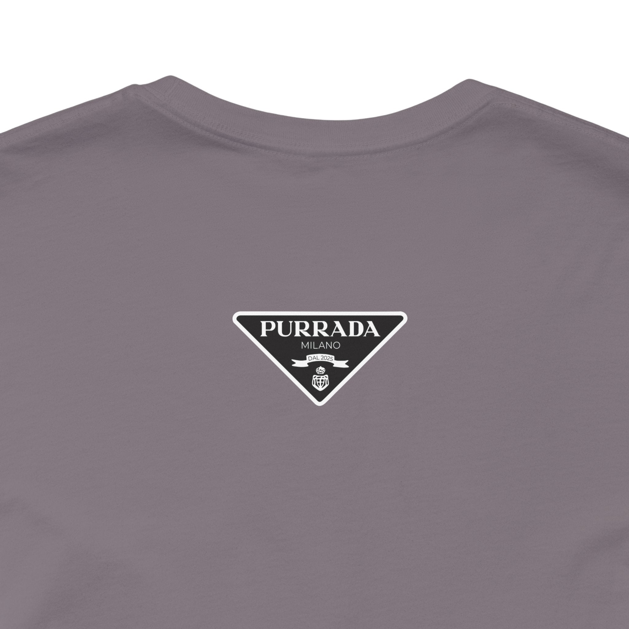 Back view of storm gray Purrada Exclusive Milano Cat Graphic T Shirt, shirts for cat lovers unisex