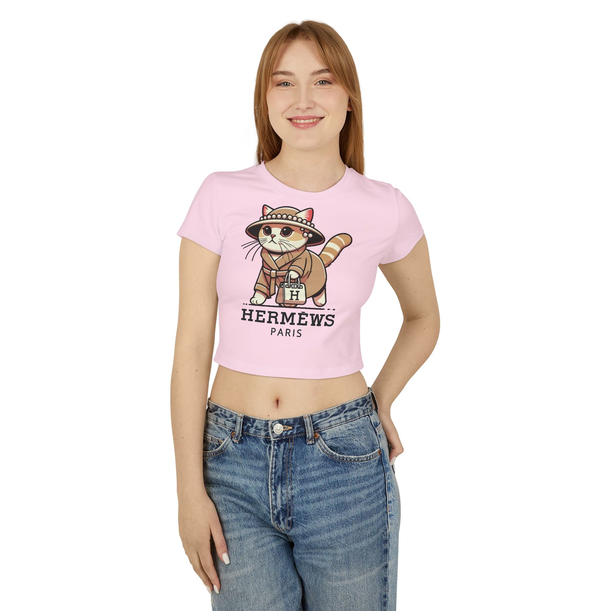 Model wearing Hermèws Paris Chic Cat Graphic Women’s Pink Baby Tee
