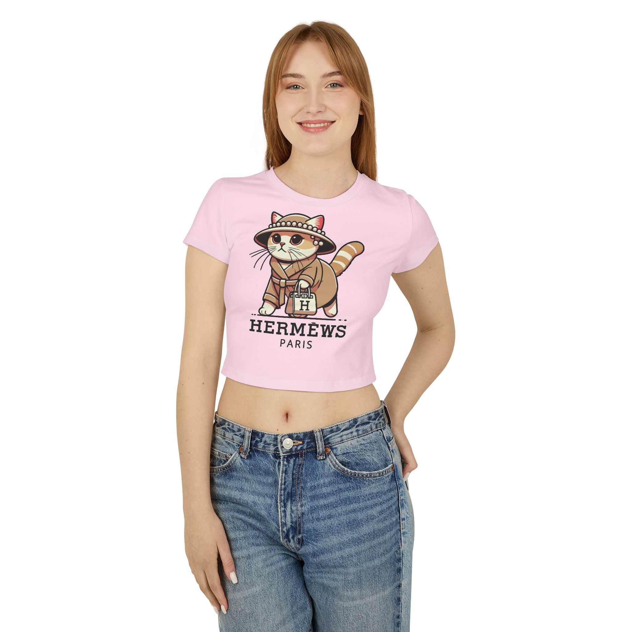 Model wearing Hermèws Paris Chic Cat Graphic Women’s Pink Baby Tee