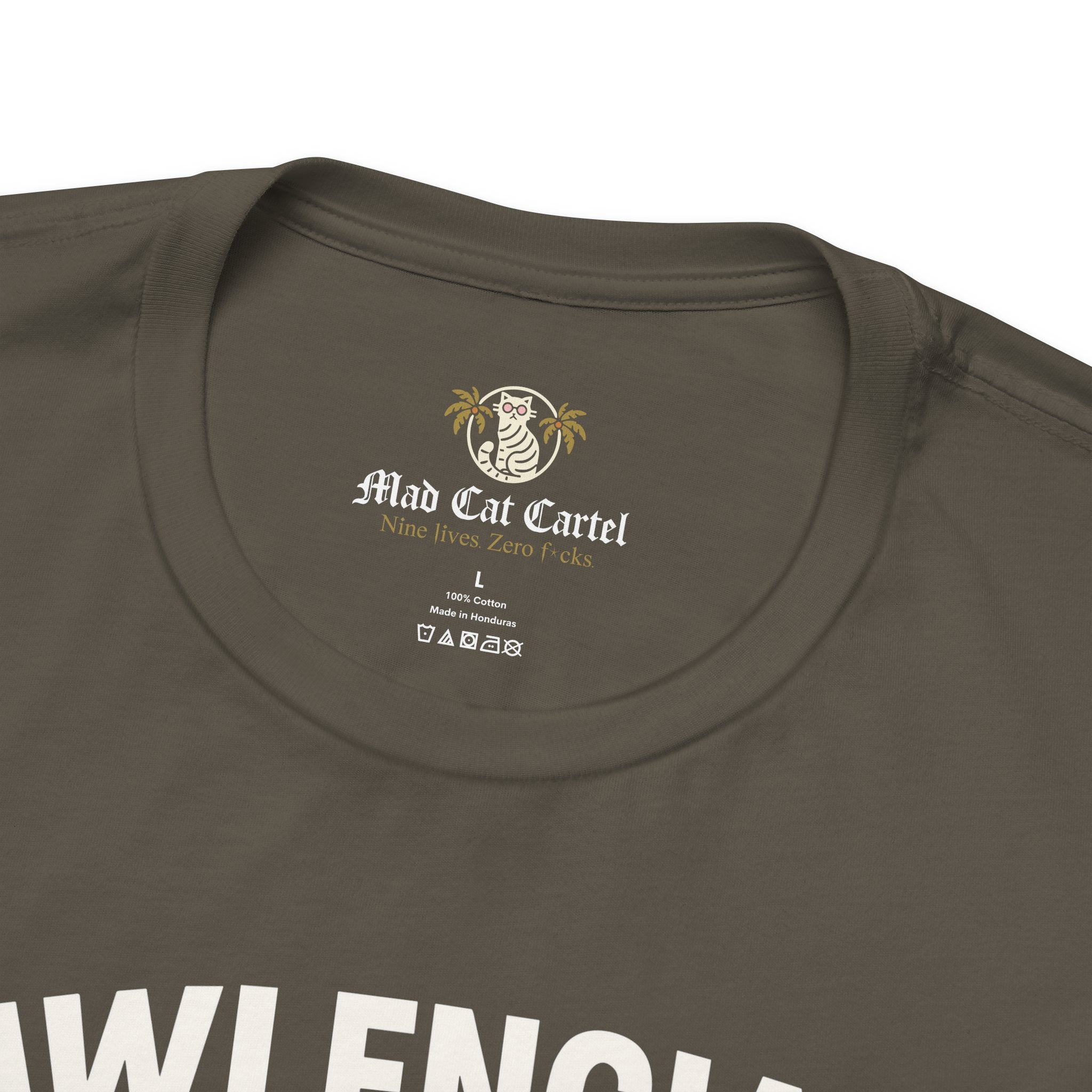 army green Pawlenciaga cat tee, neck label close up, tee shirts with cats on them, fabric focus