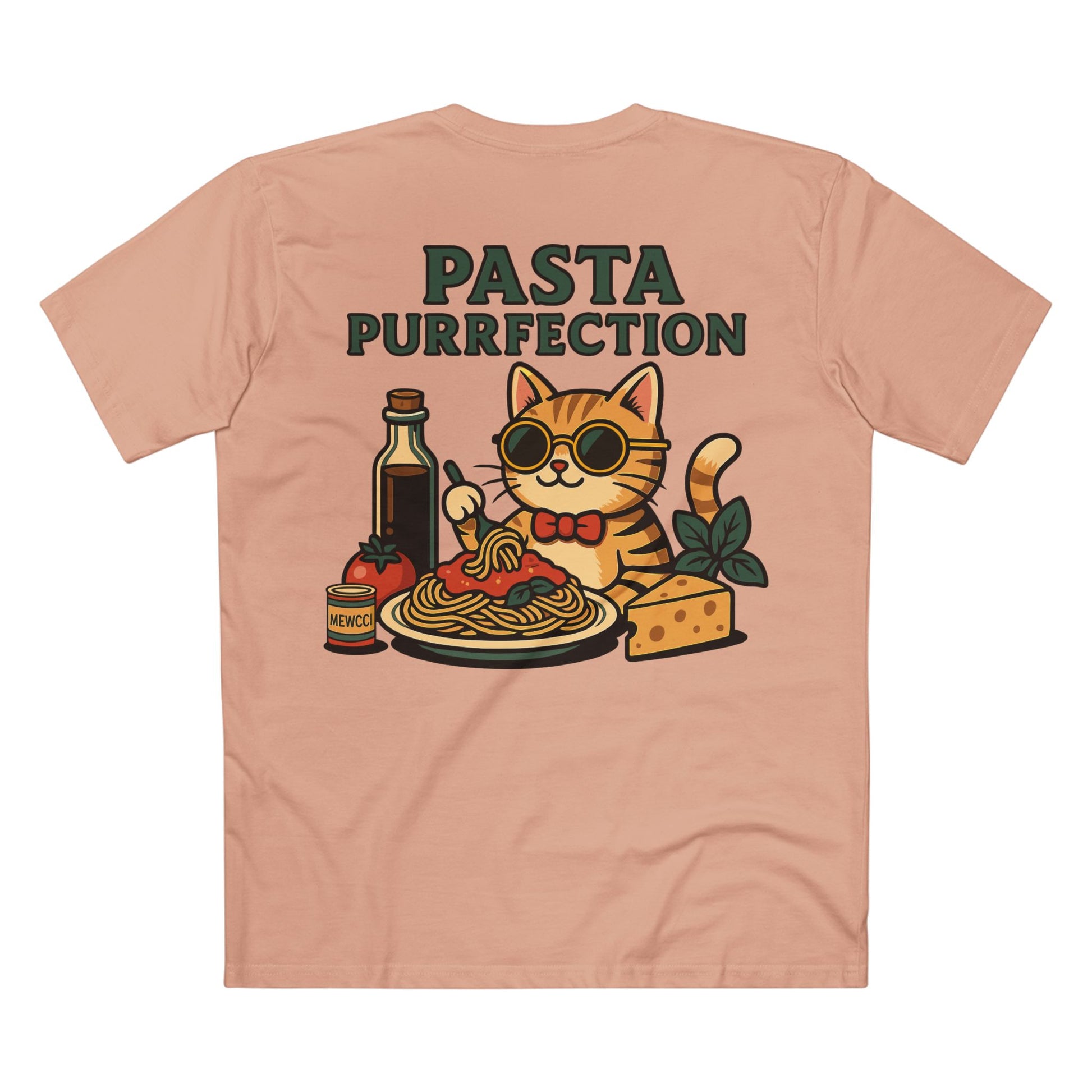 Back design of Mewcci Pasta Chef Cat Graphic T Shirt in Pale Pink – Pasta Purrfection graphic