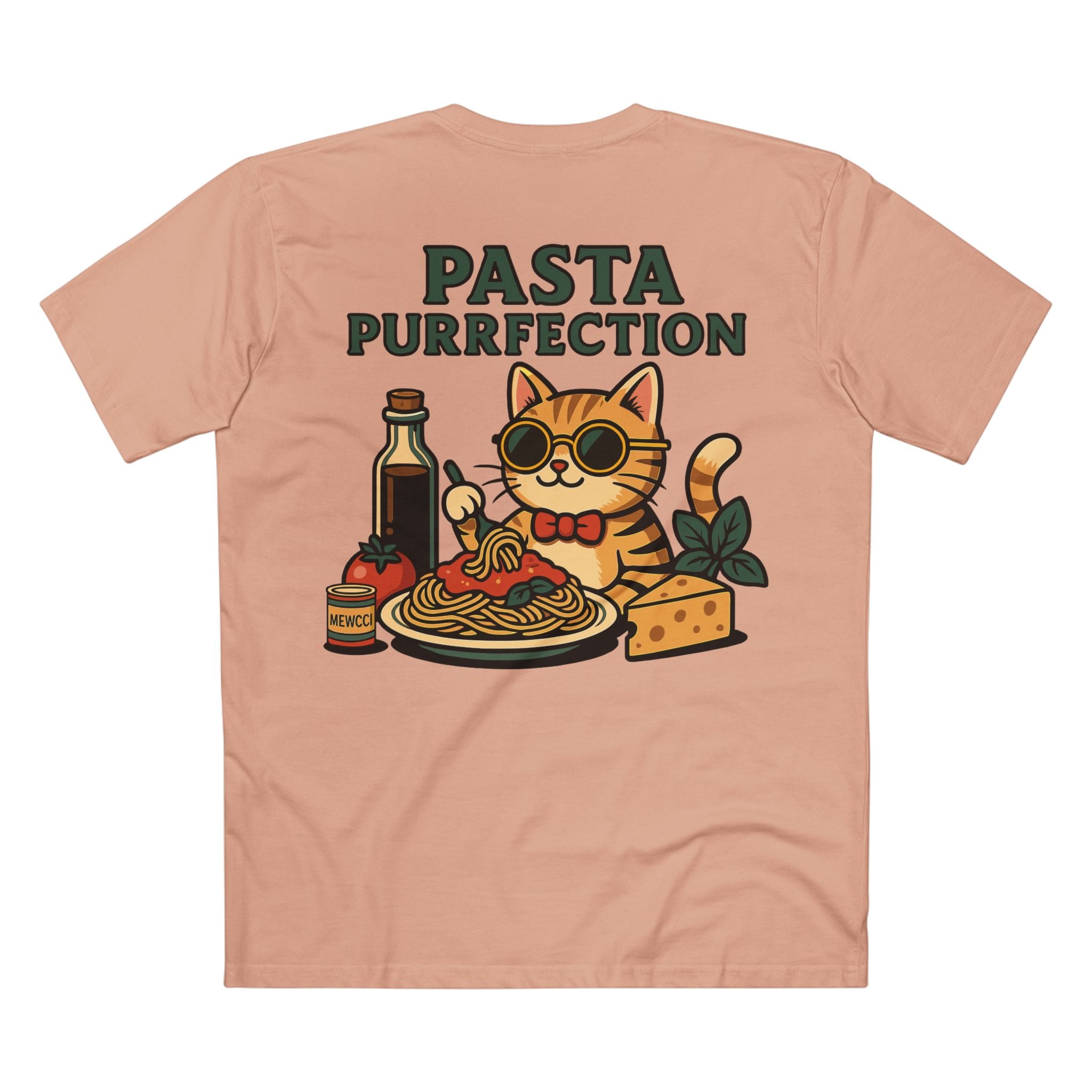 Back design of Mewcci Pasta Chef Cat Graphic T Shirt in Pale Pink – Pasta Purrfection graphic