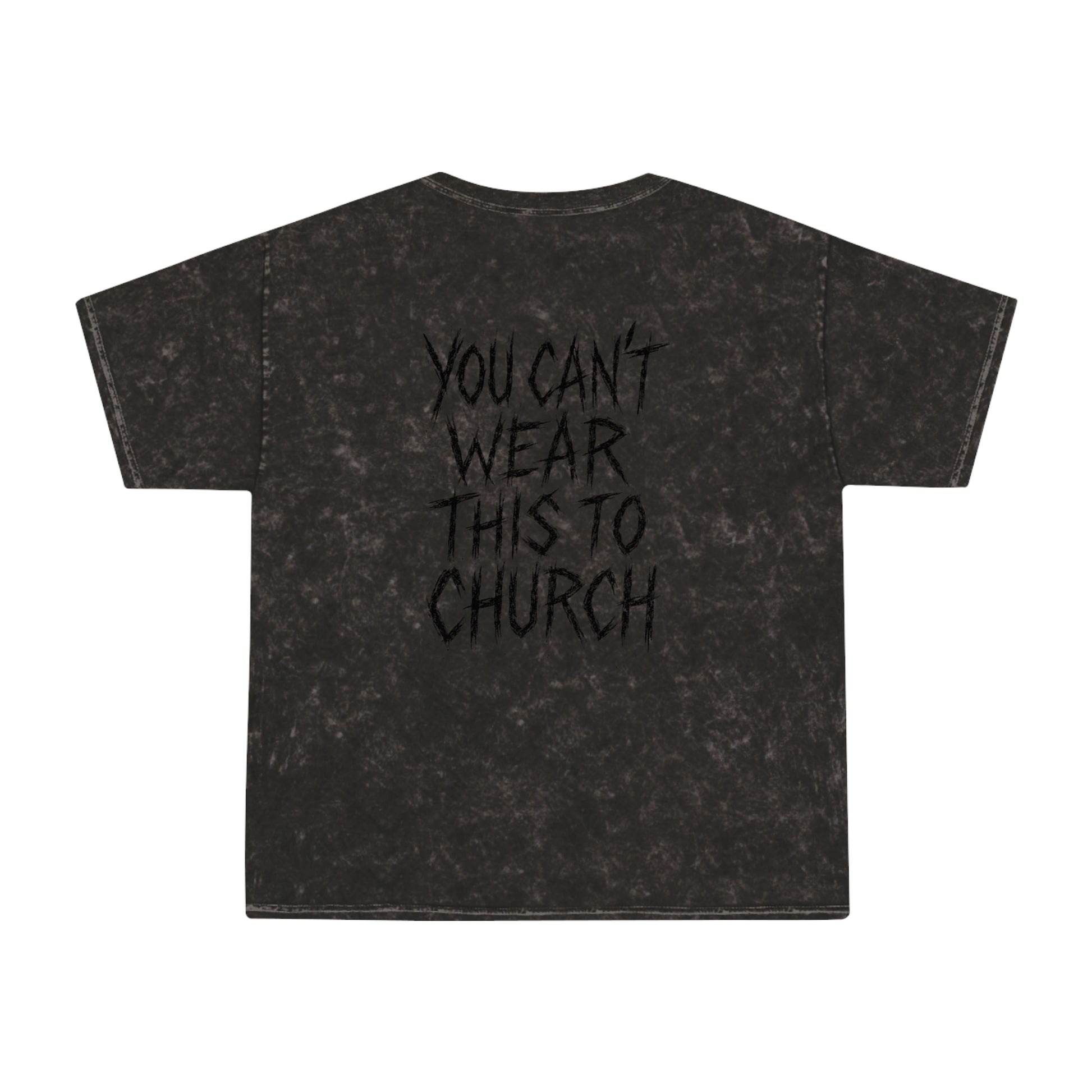 back view of mineral wash cotton t shirt, black graphic t shirt with slogan, casual cat lover clothing