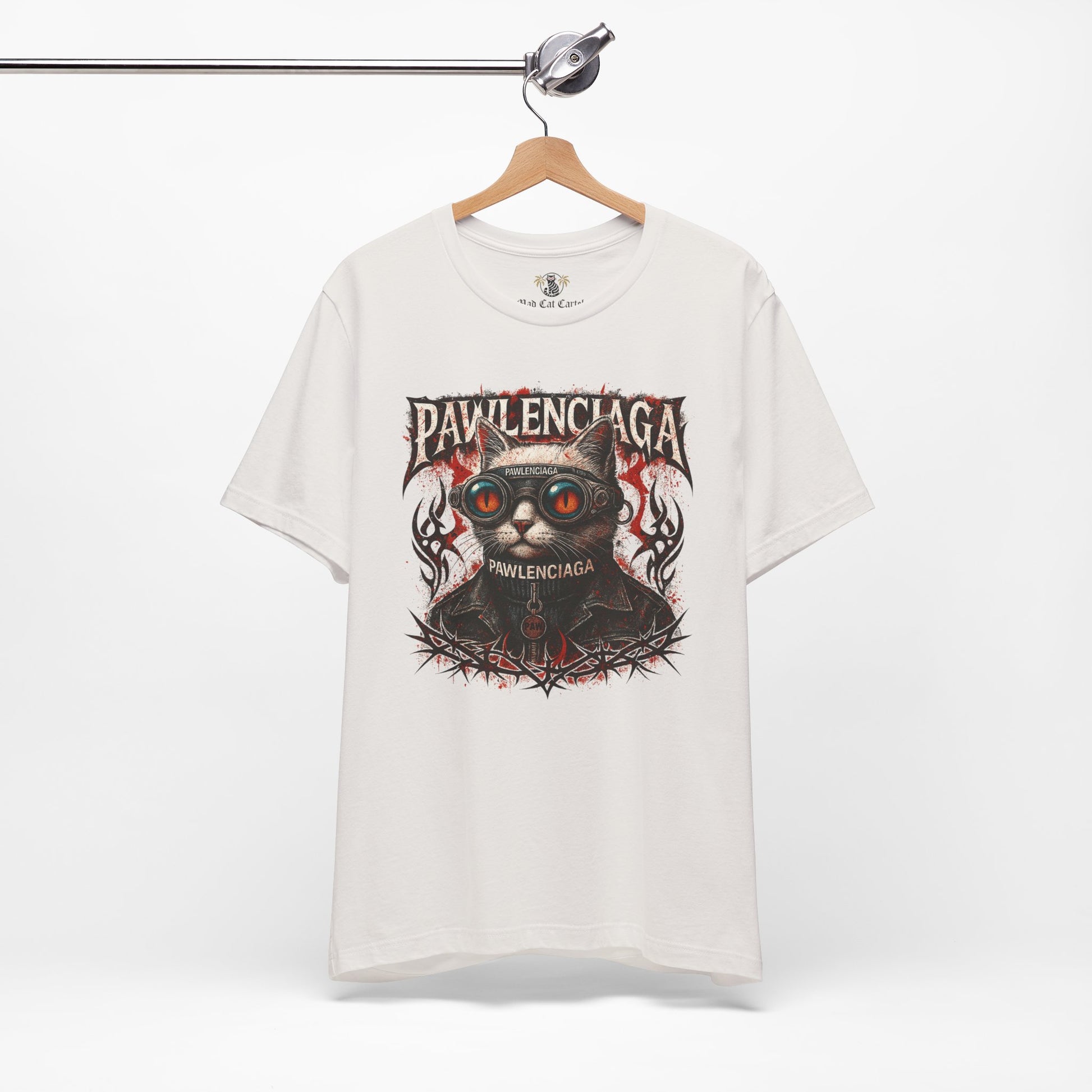 Pawlenciaga Apocalypse Cat Graphic T Shirt in Vintage White, hanging front view, cat themed shirts, cool mens t shirts, shirts for cat lovers