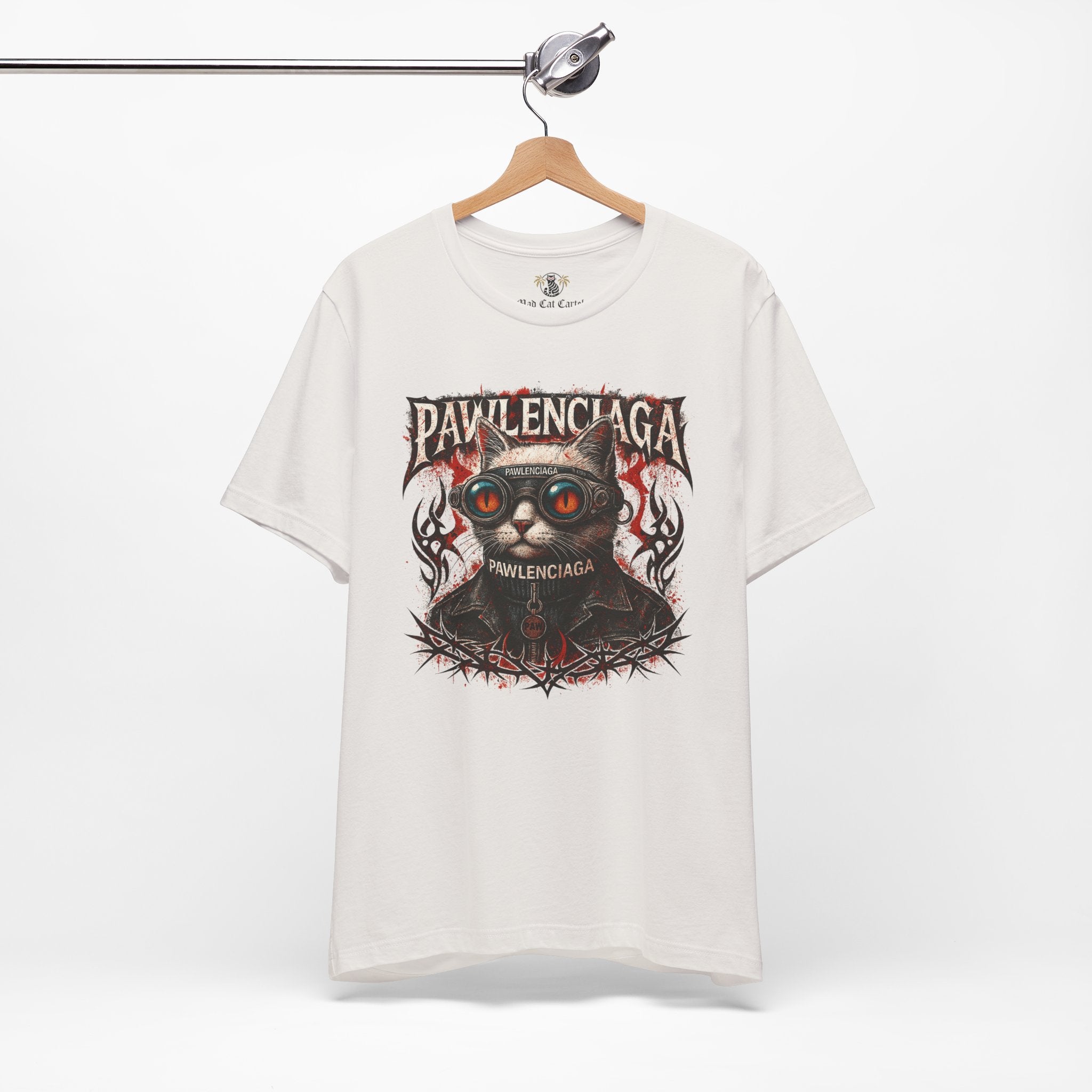 Pawlenciaga Apocalypse Cat Graphic T Shirt in Vintage White, hanging front view, cat themed shirts, cool mens t shirts, shirts for cat lovers