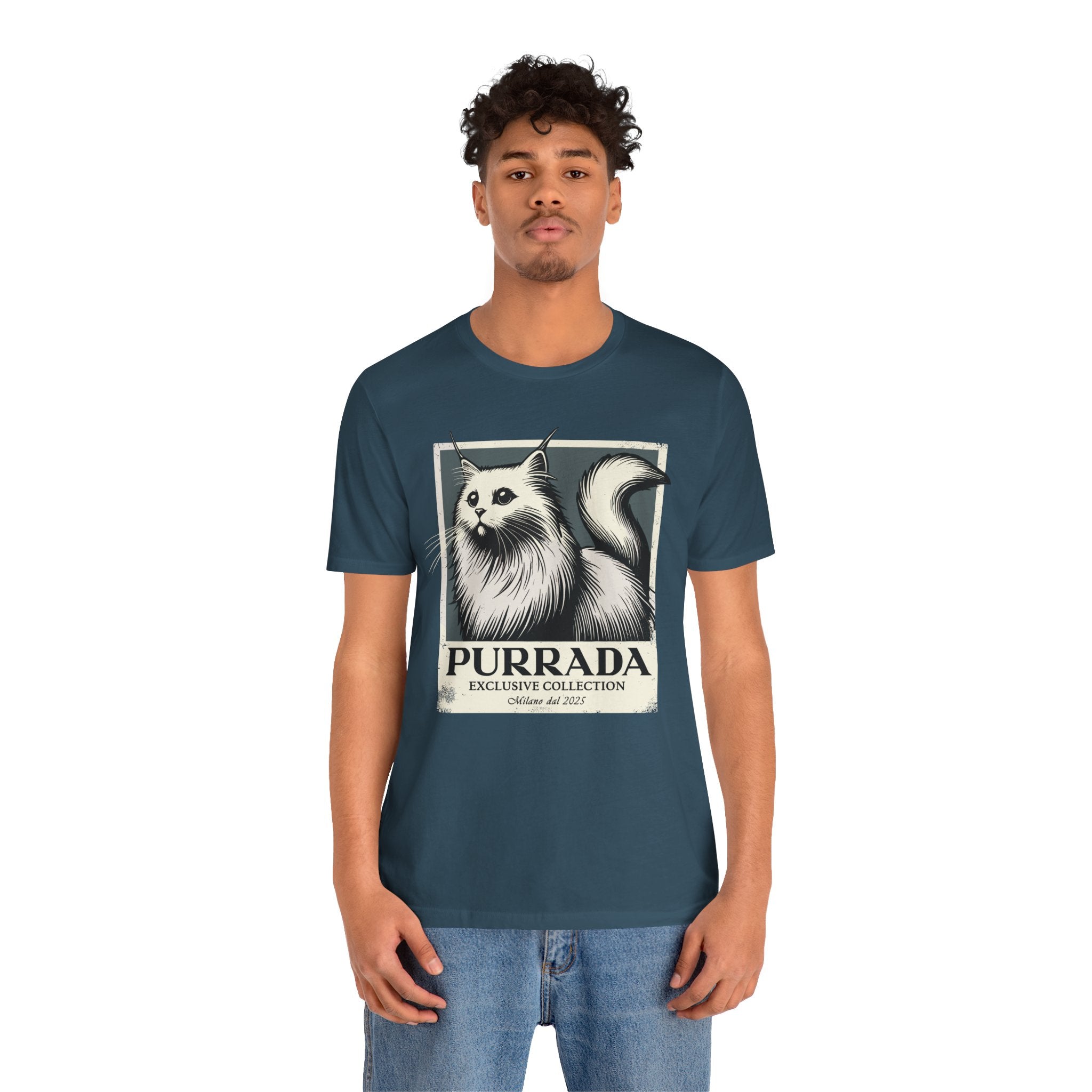 Male model wearing deep teal Purrada Exclusive Milano Cat Graphic T Shirt, cat t shirts for guys
