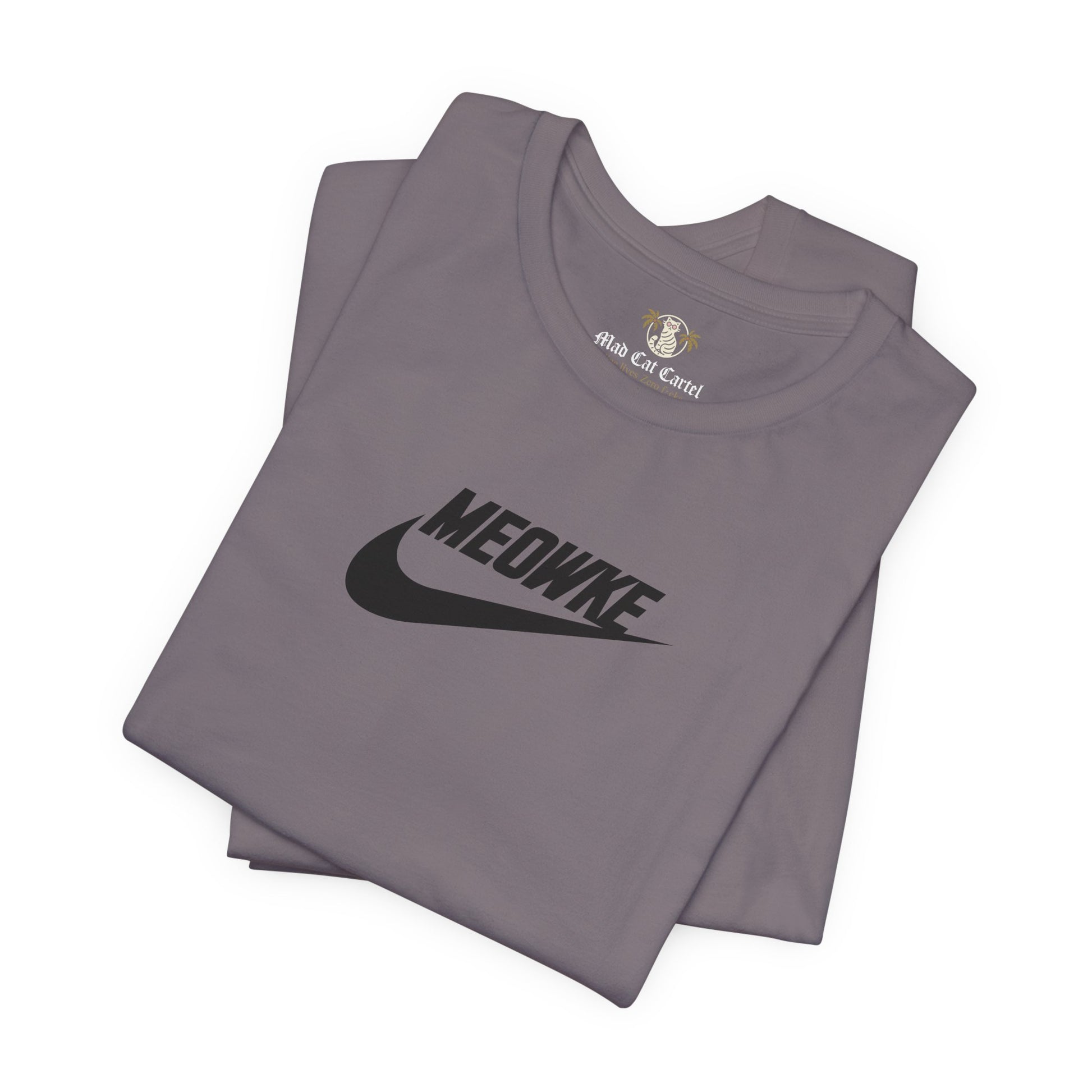 Funny t shirts for women – storm grey unisex tees folded, black Meowke chest logo