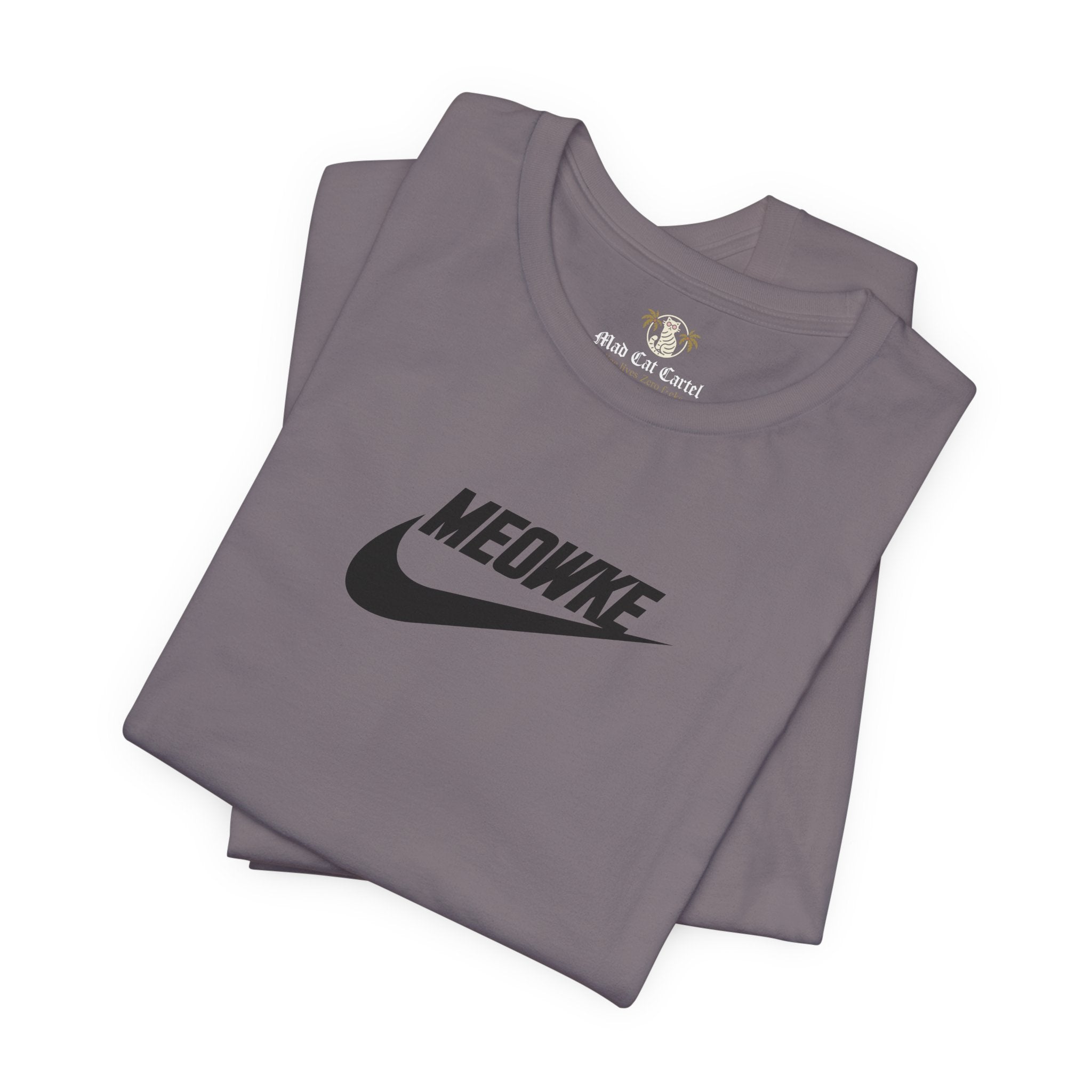 Funny t shirts for women – storm grey unisex tees folded, black Meowke chest logo