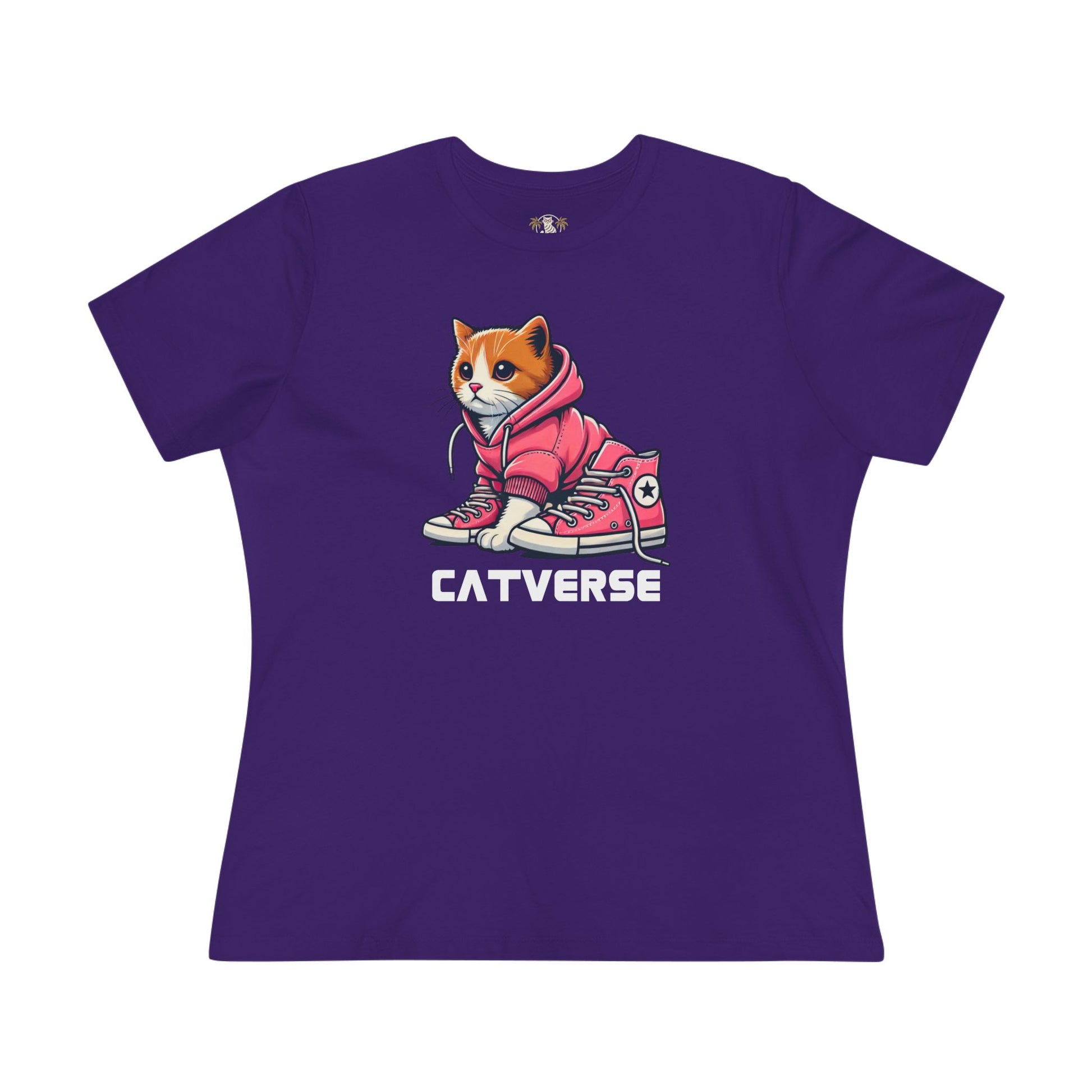 Catverse Hoodie Kicks Cat Graphic Women’s T-Shirt in purple flat lay front view, cat tees for women, unique gifts for cat lovers