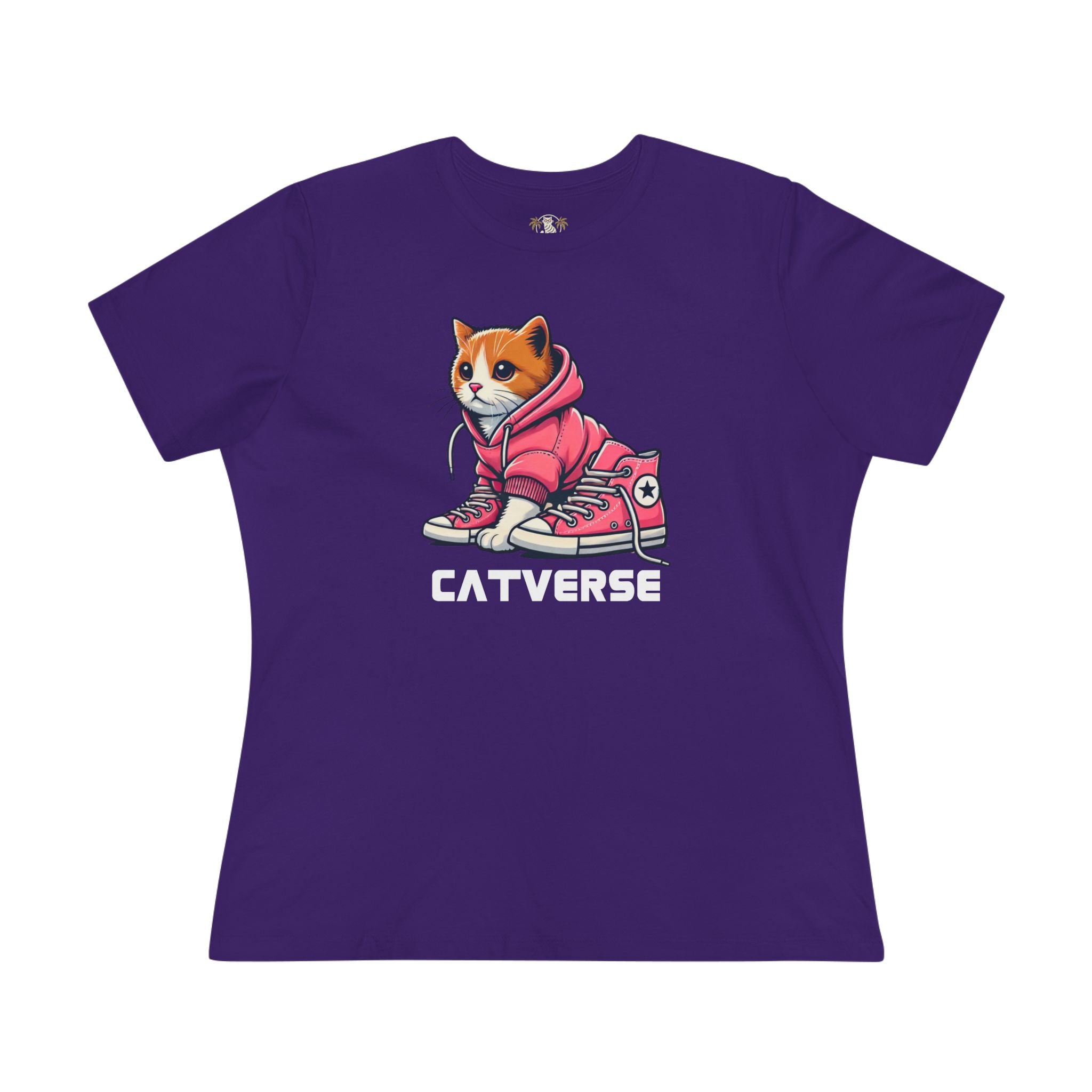 Catverse Hoodie Kicks Cat Graphic Women’s T-Shirt in purple flat lay front view, cat tees for women, unique gifts for cat lovers
