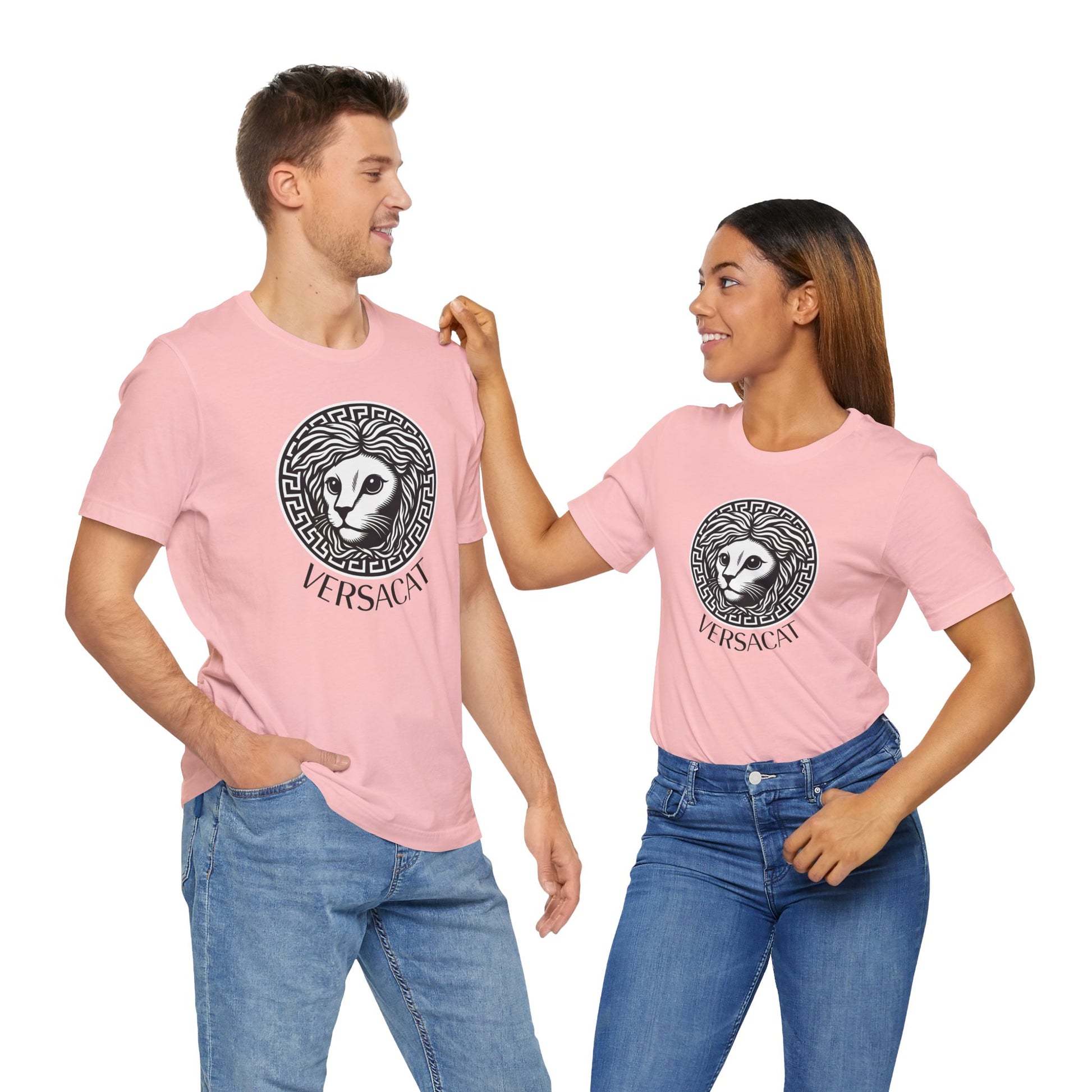 Couple wearing matching Versacat Medusa cat t shirts in purple and pink
