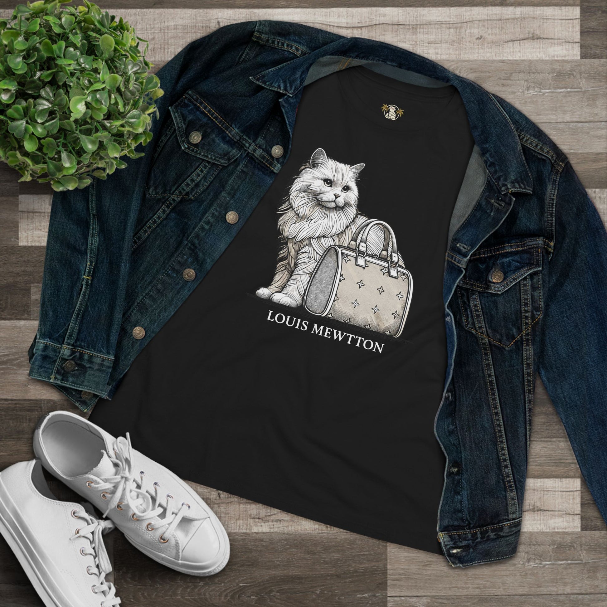 Louis Mewtton Persian Cat Women's black T-Shirt styled flat lay with denim jacket tee for cat lovers