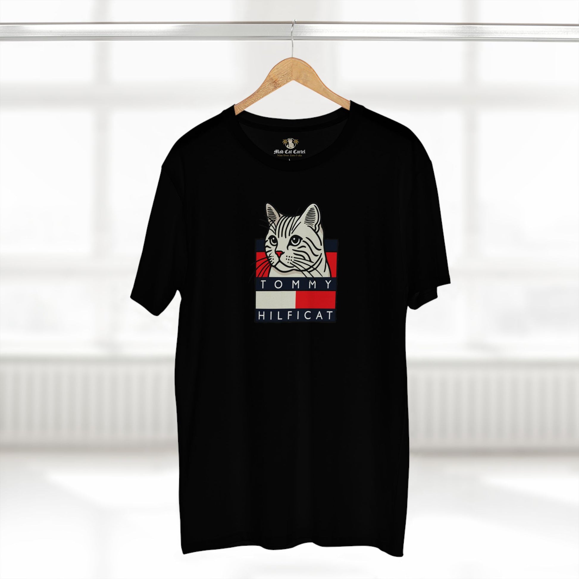 Tommy Hilficat T Shirt on hanger in Black, unique gifts for cat lovers