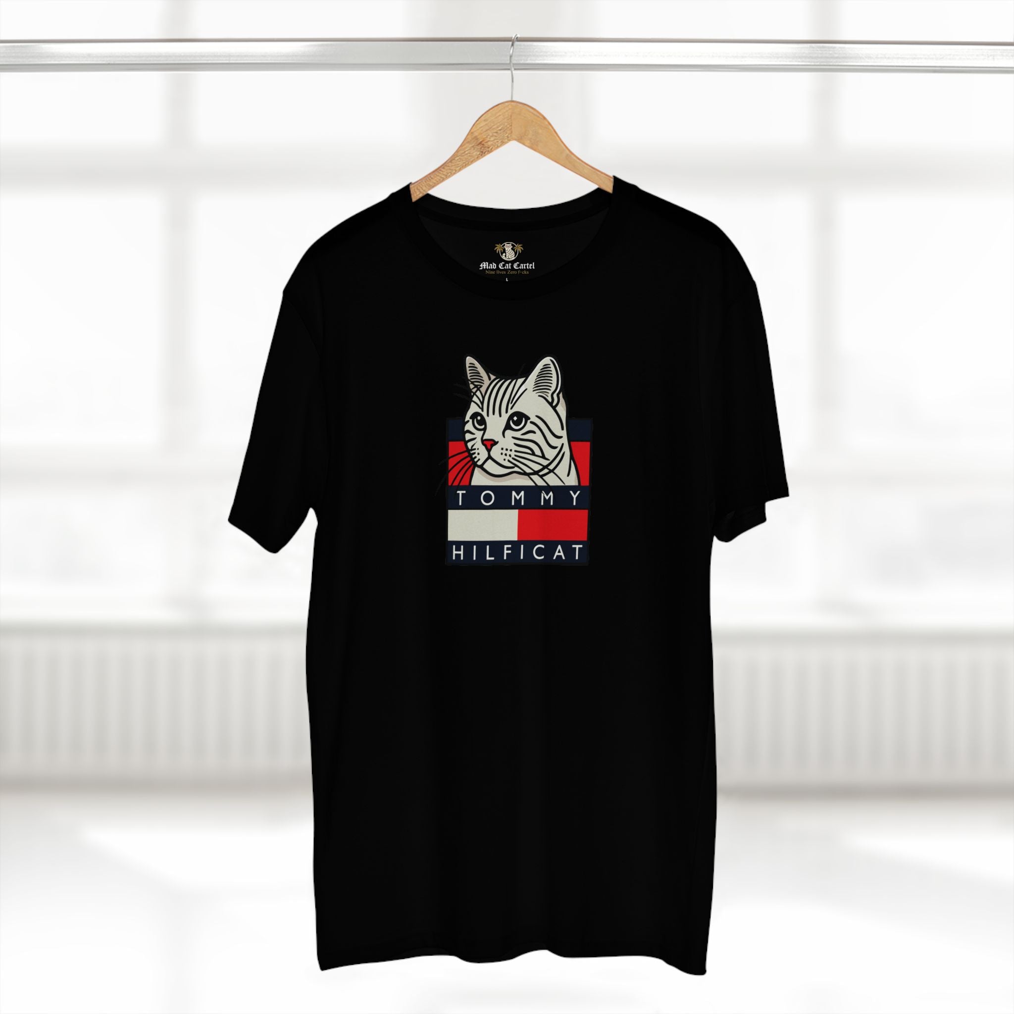 Tommy Hilficat T Shirt on hanger in Black, unique gifts for cat lovers