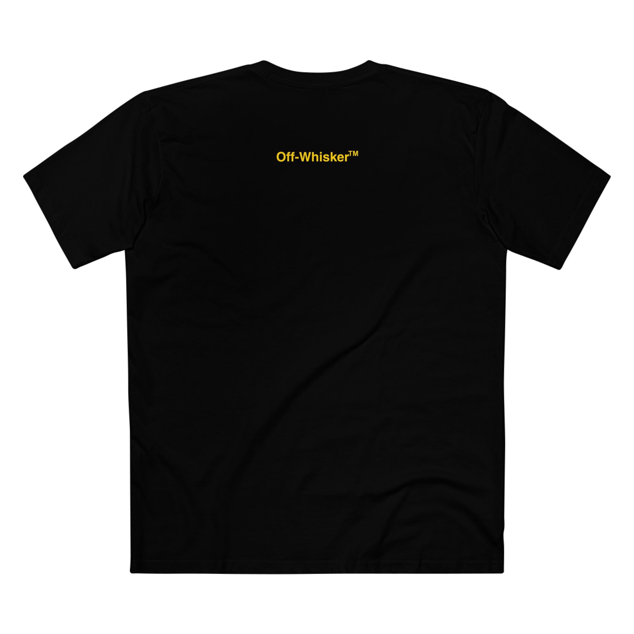 Back view of black Off-Whisker Industrial Drip cat print tee shirt – versatile cat mens t shirt