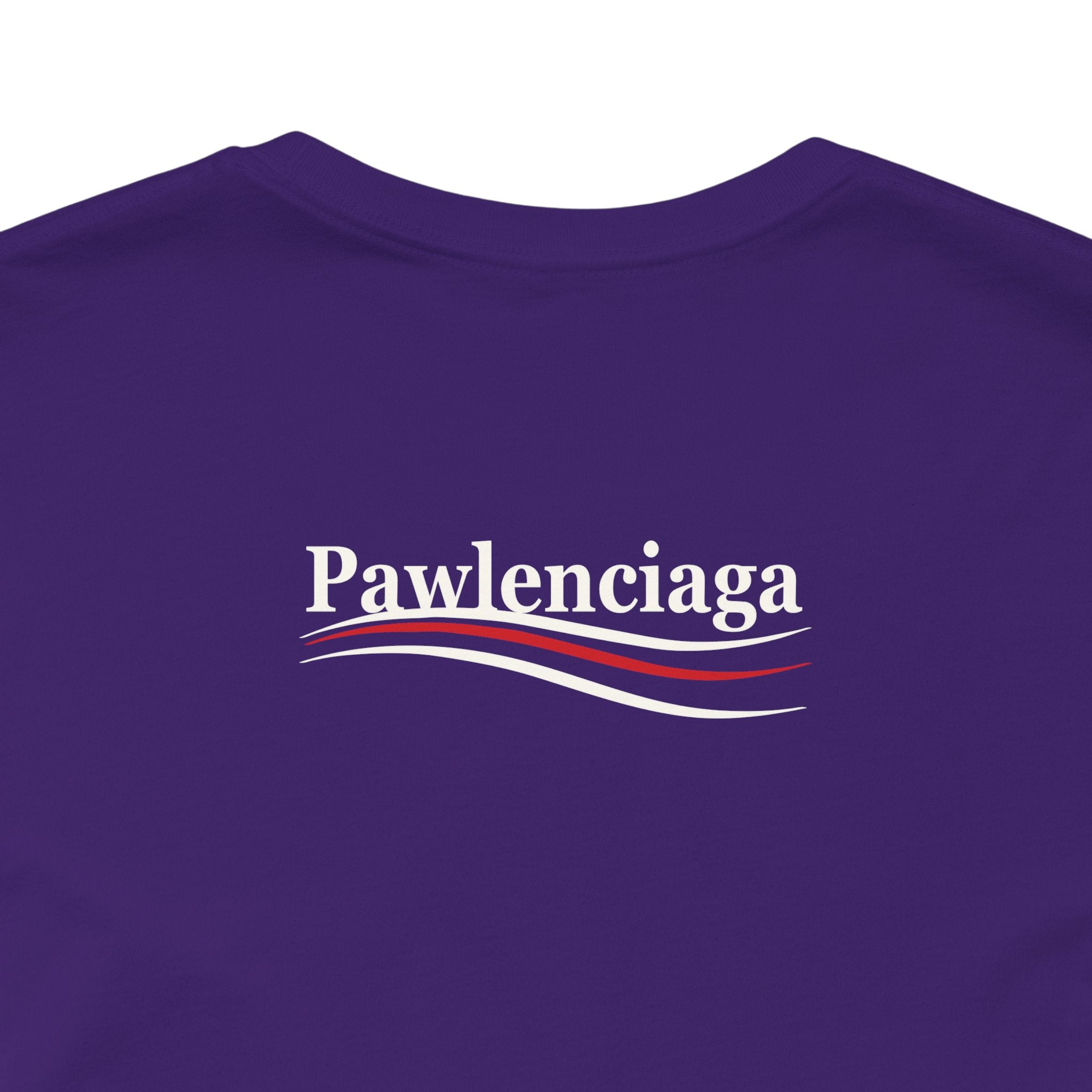 purple Pawlenciaga cat shirt, back logo detail close up