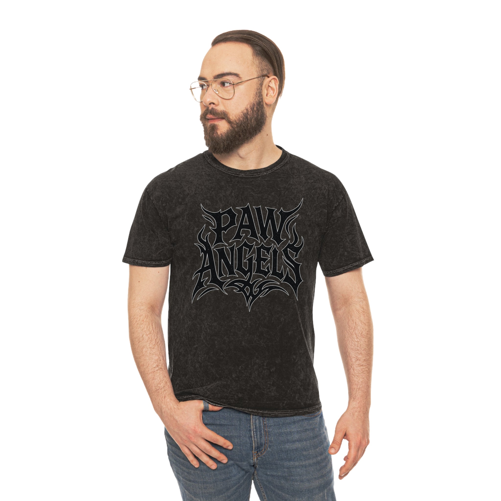 Paw Angels Tribal Logo Mineral Wash T-Shirt on male model, mineral black tee