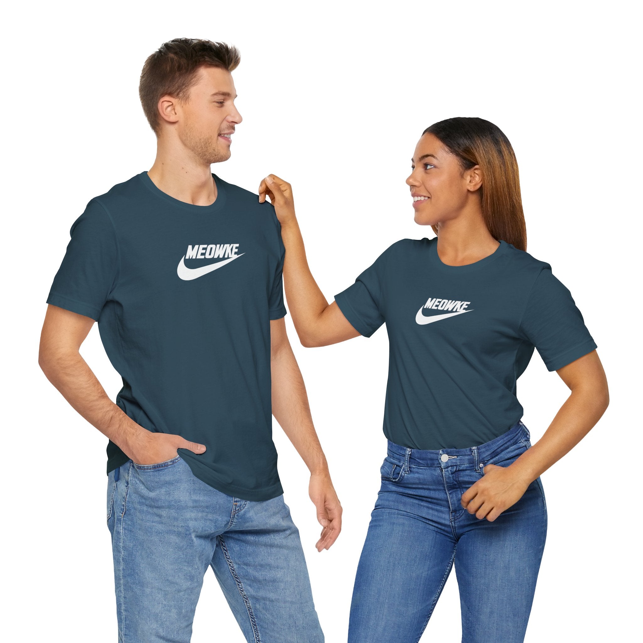 Cat t shirt for men and women – deep teal unisex tee worn by male and female models, white Meowke chest swoosh logo