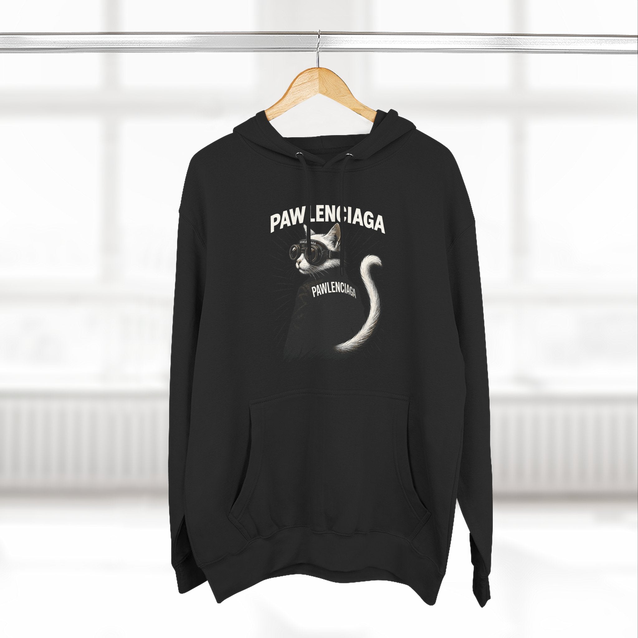 Pawlenciaga cat with goggles black hoodie on hanger, cat themed apparel