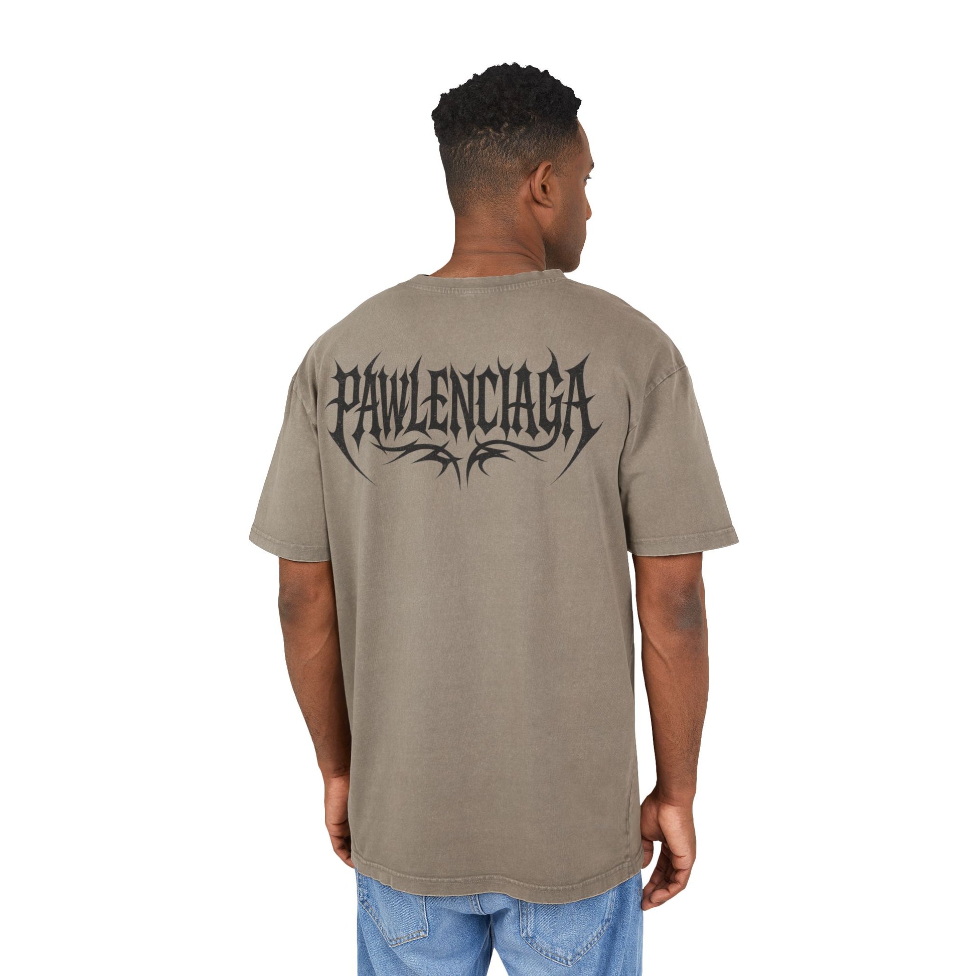 Back view — Dark Khaki: Pawlenciaga The Power of Paw Acid Washed Oversized T Shirt in Dark Khaki, back logo view