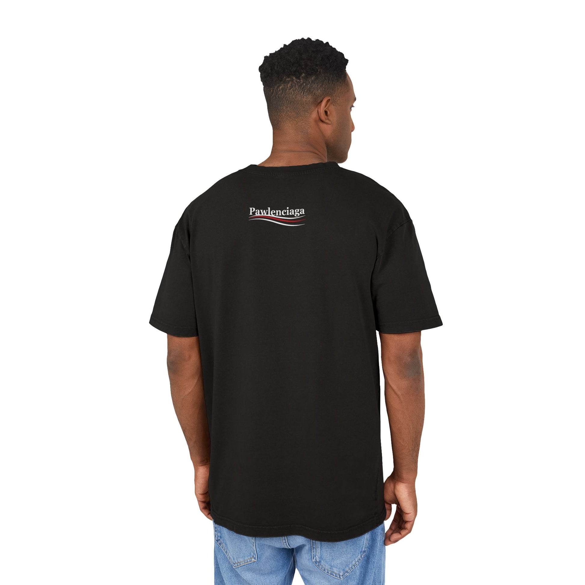 Male model wearing Pawlenciaga logo acid washed men's oversized t shirt parody shirts funny mens t shirts oversized graphic t shirt unique gifts for cat lovers black back view