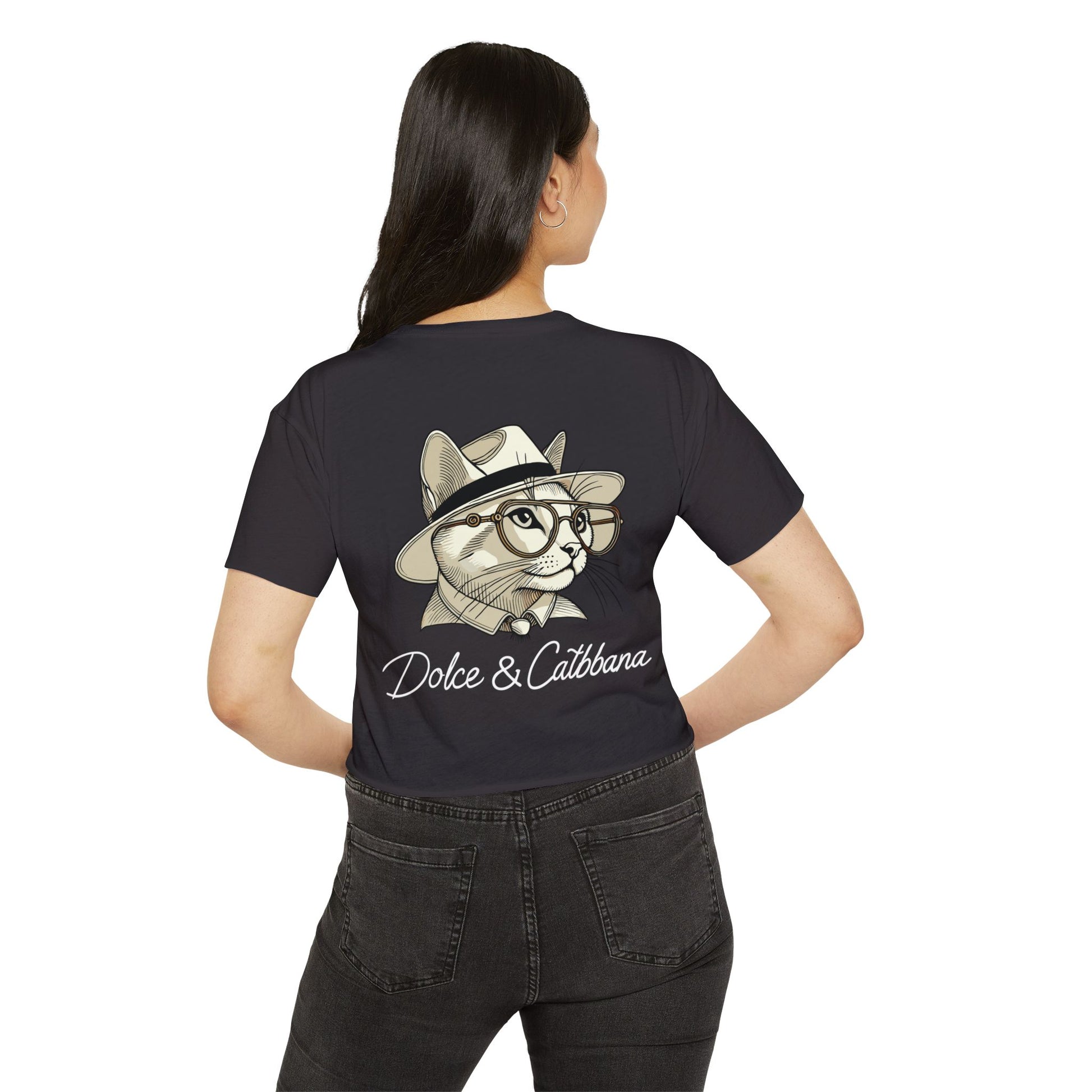 Back view model showing black cat themed clothing crop top