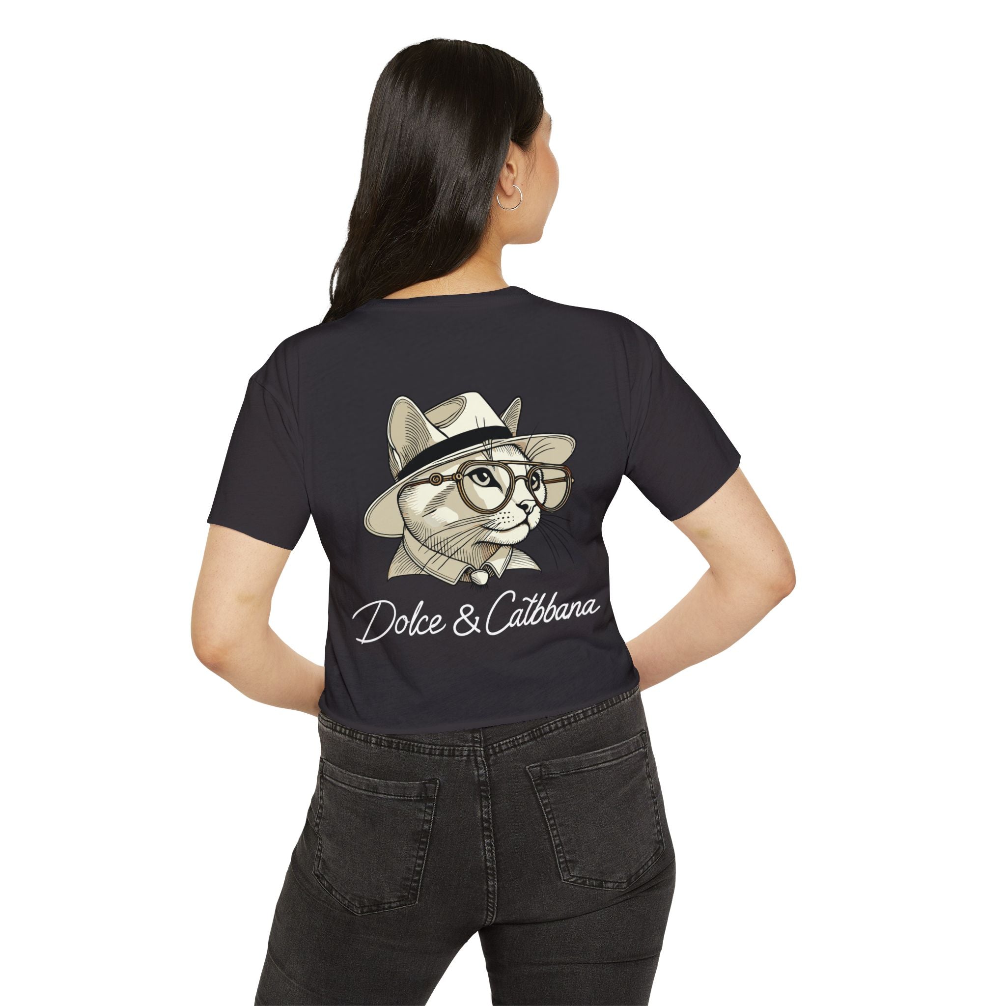 Back view model showing black cat themed clothing crop top