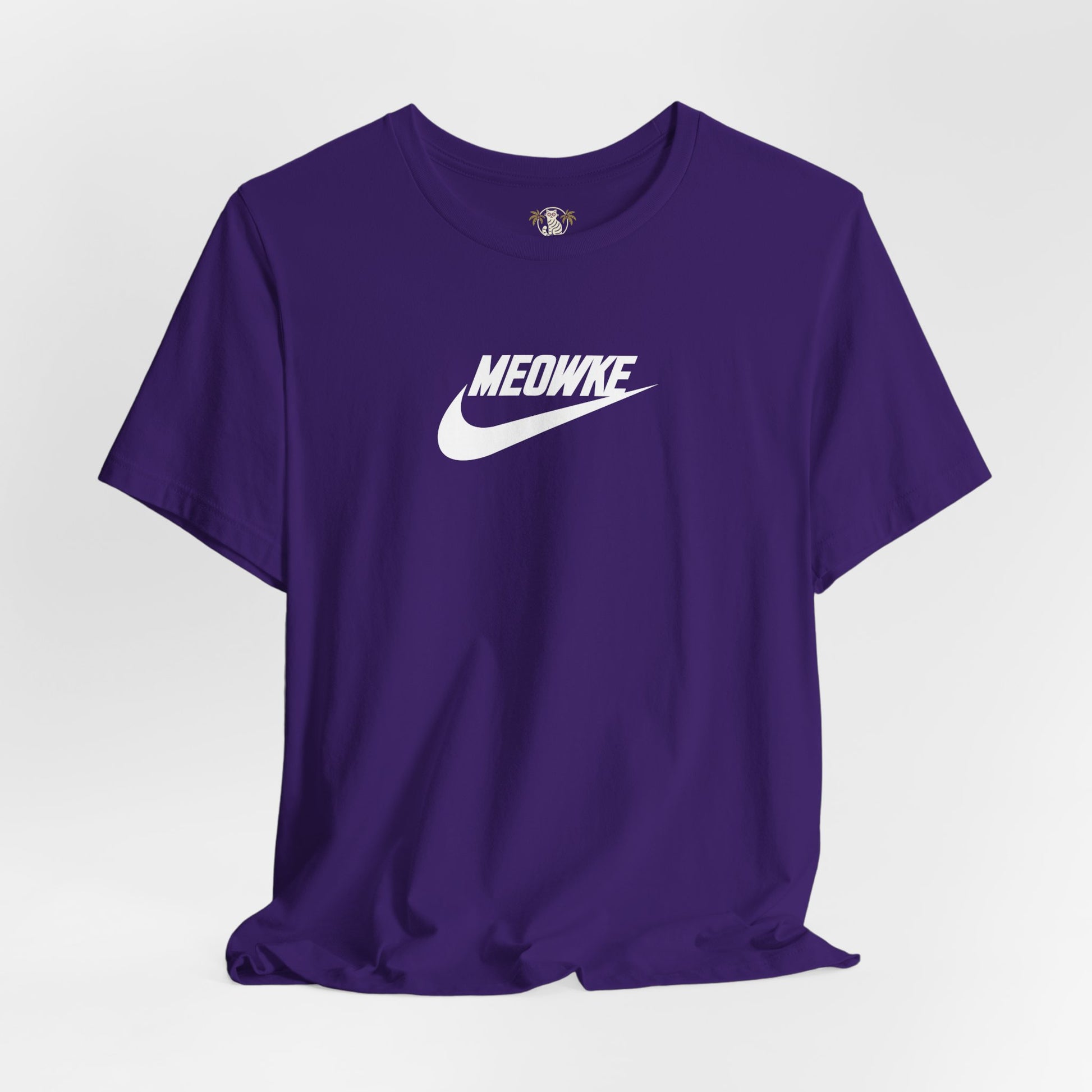 Cat t shirt for men and women – team purple unisex tee, front view, white Meowke chest logo
