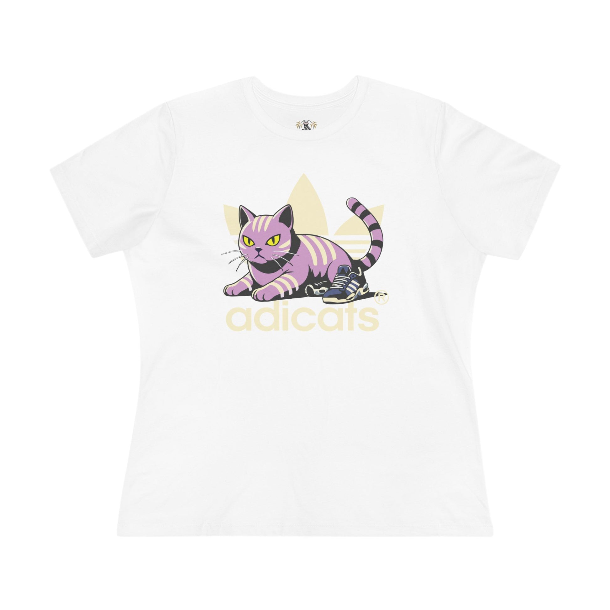 White Adicats Street Prowler Women’s Graphic T-Shirt for cat lovers lifestyle flat lay with denim jacket