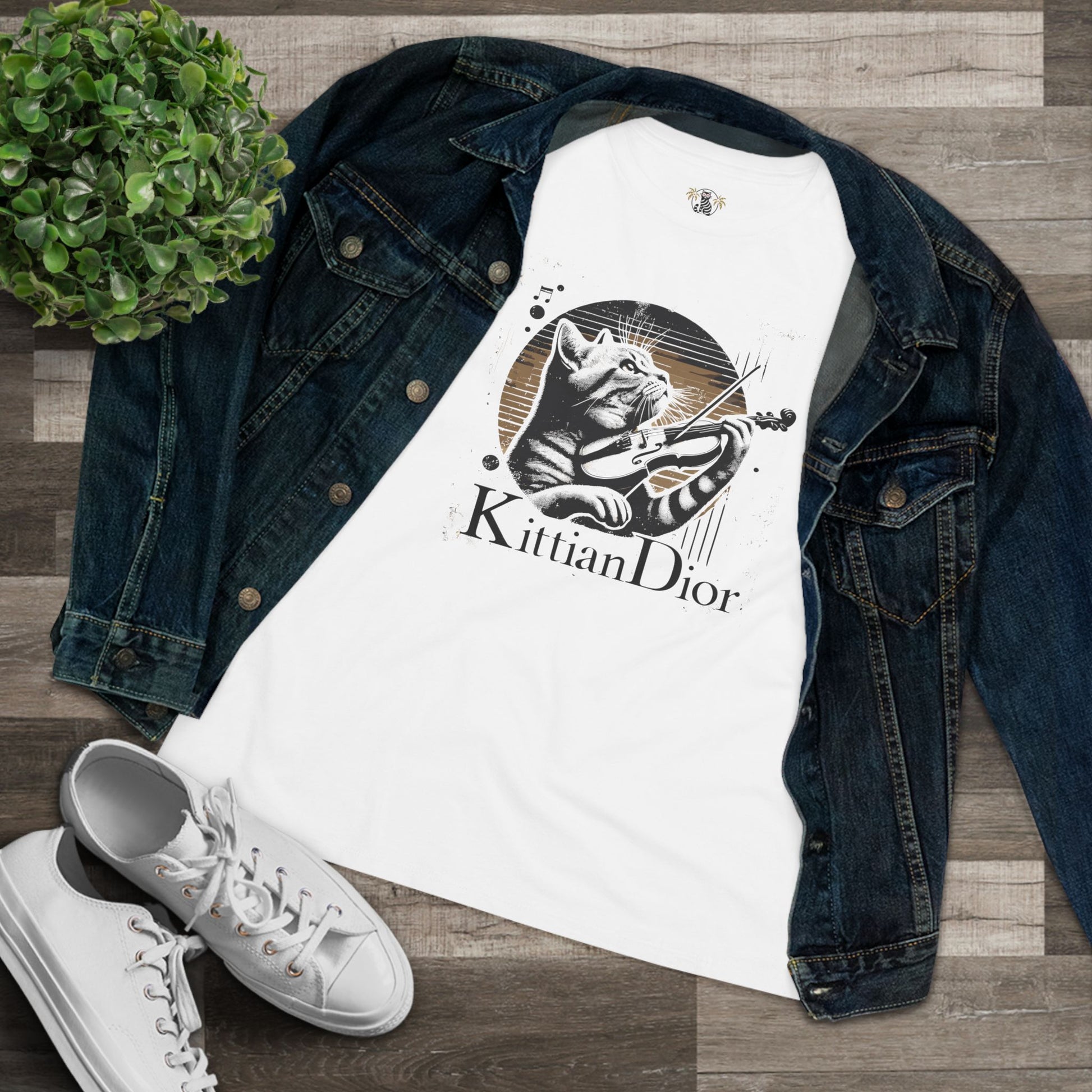 women's white cat lover t shirt with denim jacket and sneakers