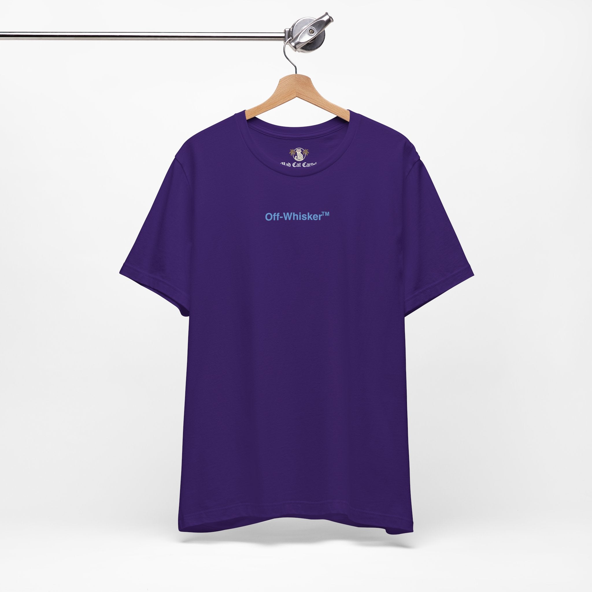 Team purple Signature Frame cat t shirt on hanger – cat print tee