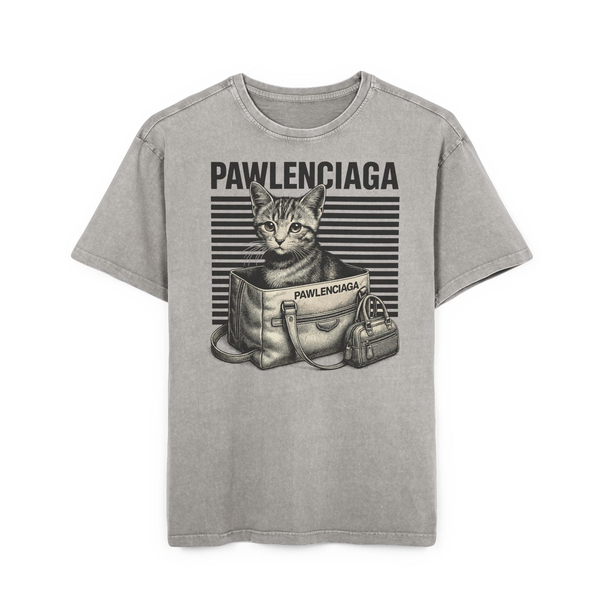 asphalt gray Pawlenciaga duffle bag cat graphic oversized t shirt, front product view, funny mens t shirts