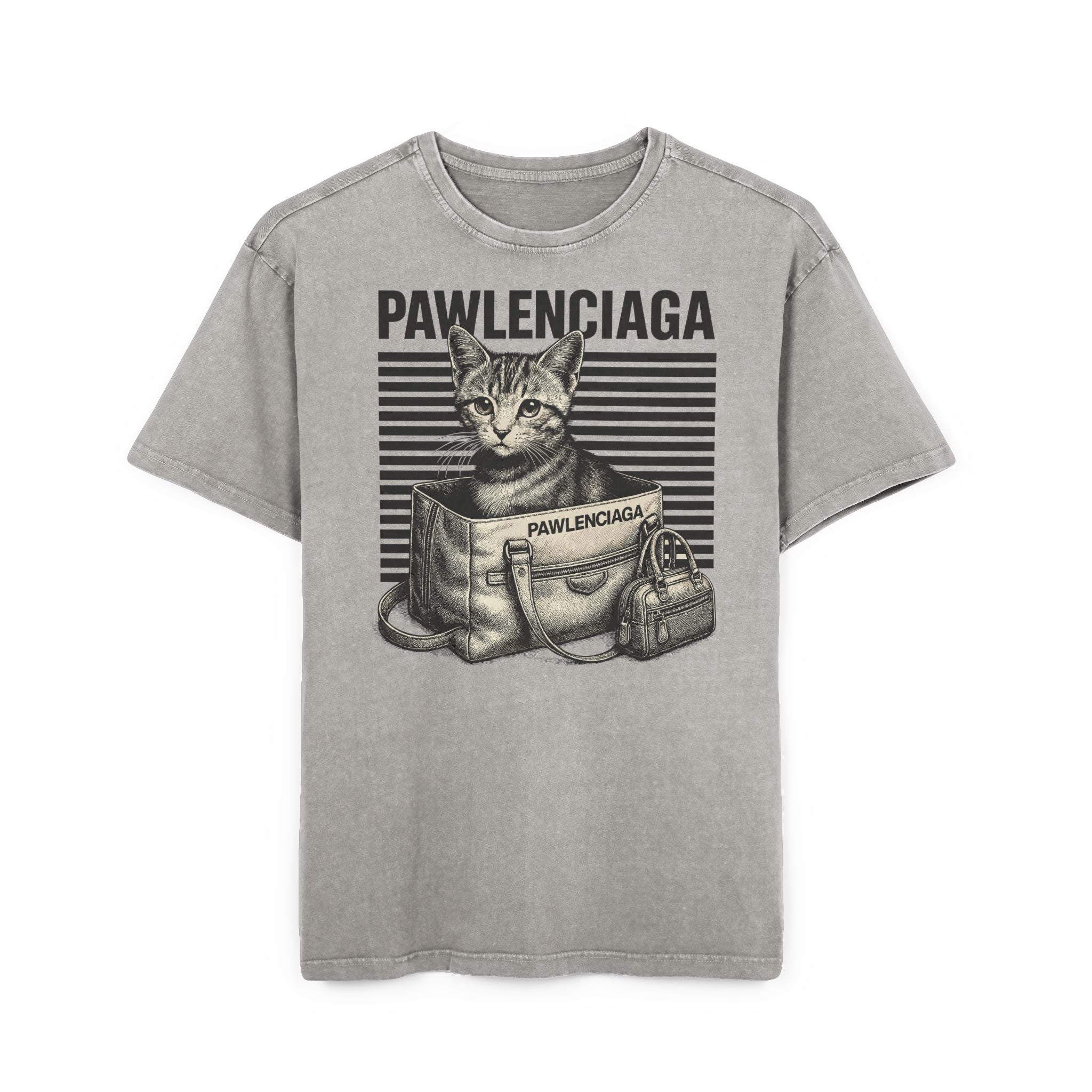 asphalt gray Pawlenciaga duffle bag cat graphic oversized t shirt, front product view, funny mens t shirts