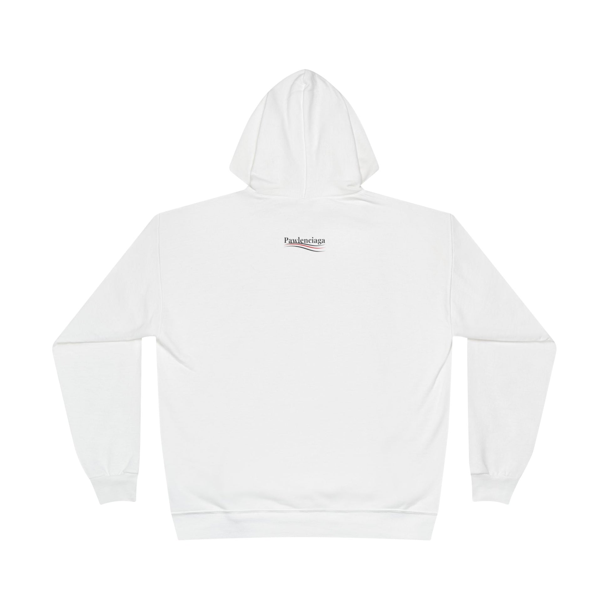 Back view of Pawlenciaga Logo White Hoodie, cat lover hoodie