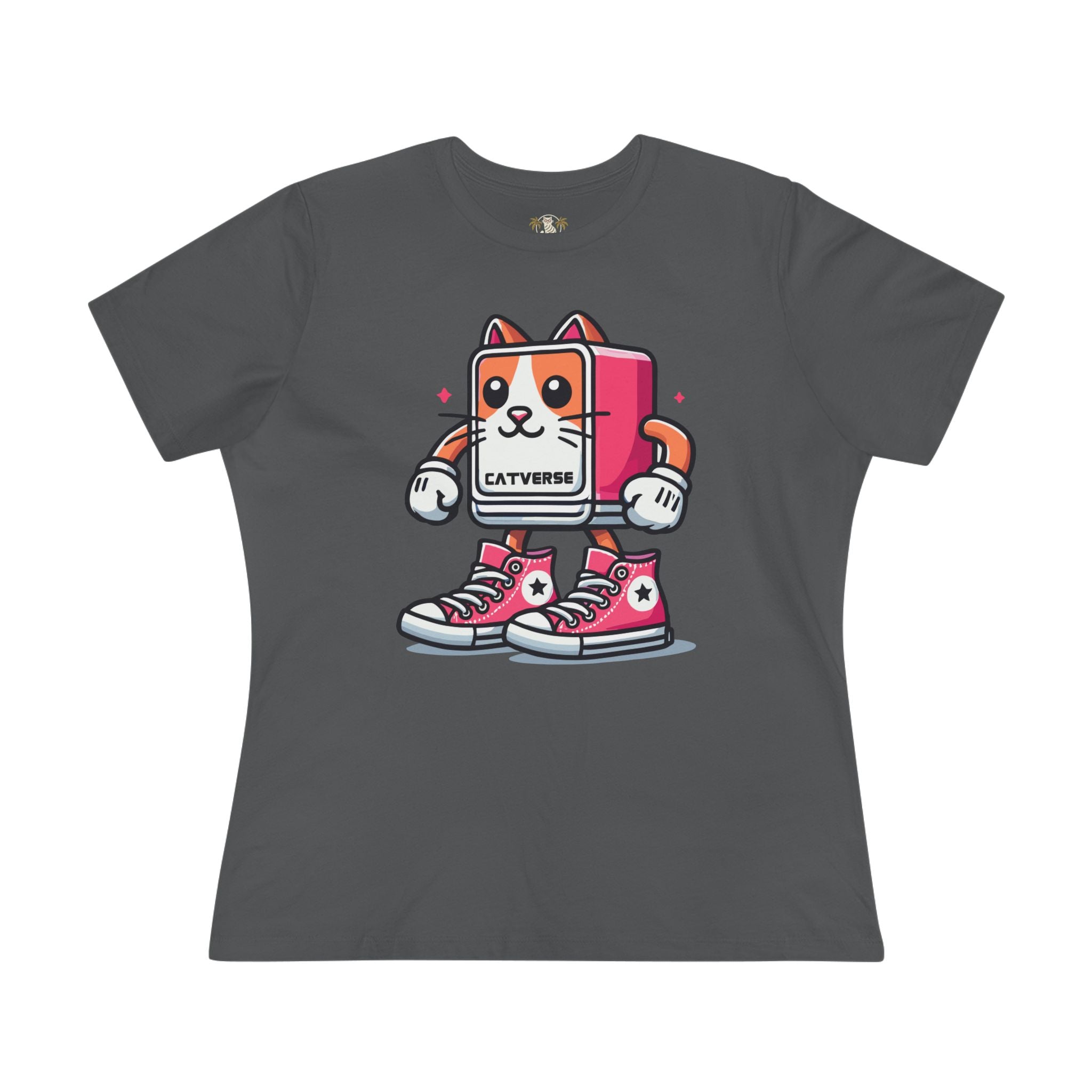 Asphalt Catverse Pinkbot tee styled flat lay with denim jacket, funny shirts for men, tee shirts with cats
