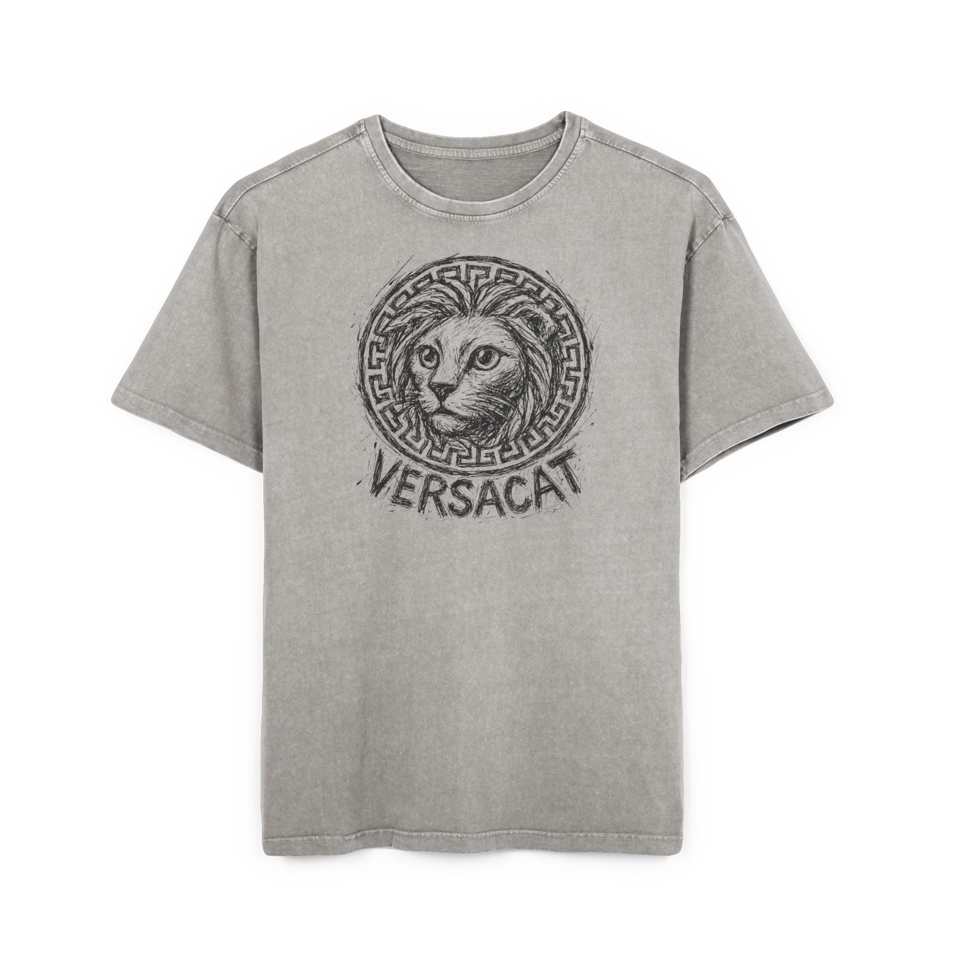 Versacat Sketch Logo Cat Graphic Men's Acid Washed Oversized T-Shirt, asphalt gray front view