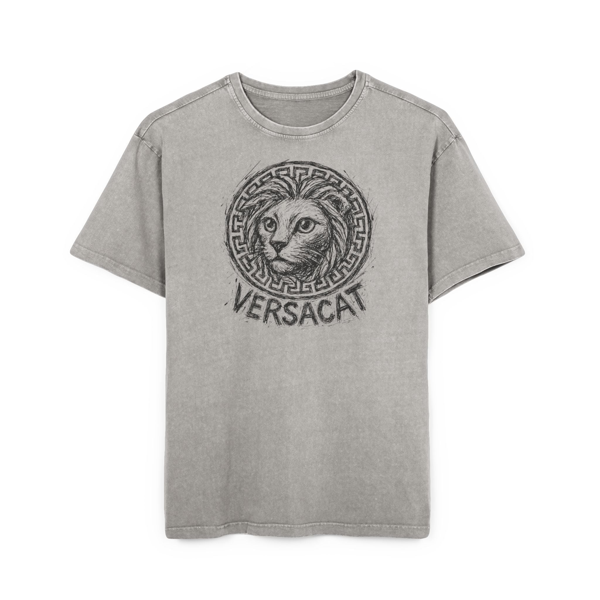 Versacat Sketch Logo Cat Graphic Men's Acid Washed Oversized T-Shirt, asphalt gray front view