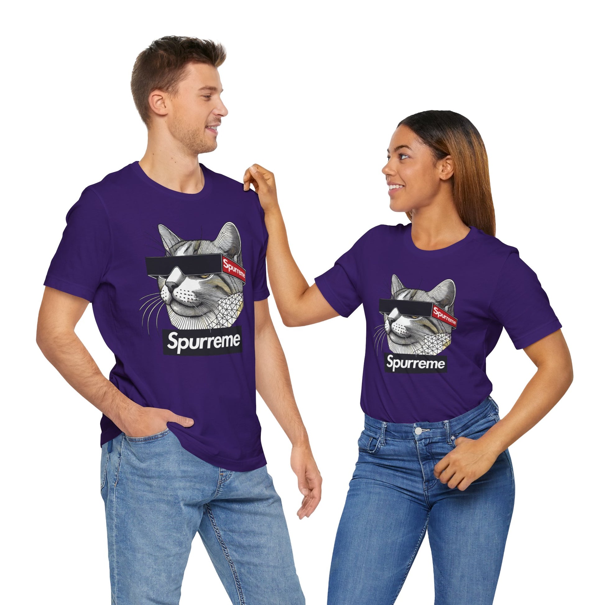 Team Purple Spurreme Triangular Vision Cat Graphic T-Shirts worn by couple – men's cat shirt and ladies cat t shirt