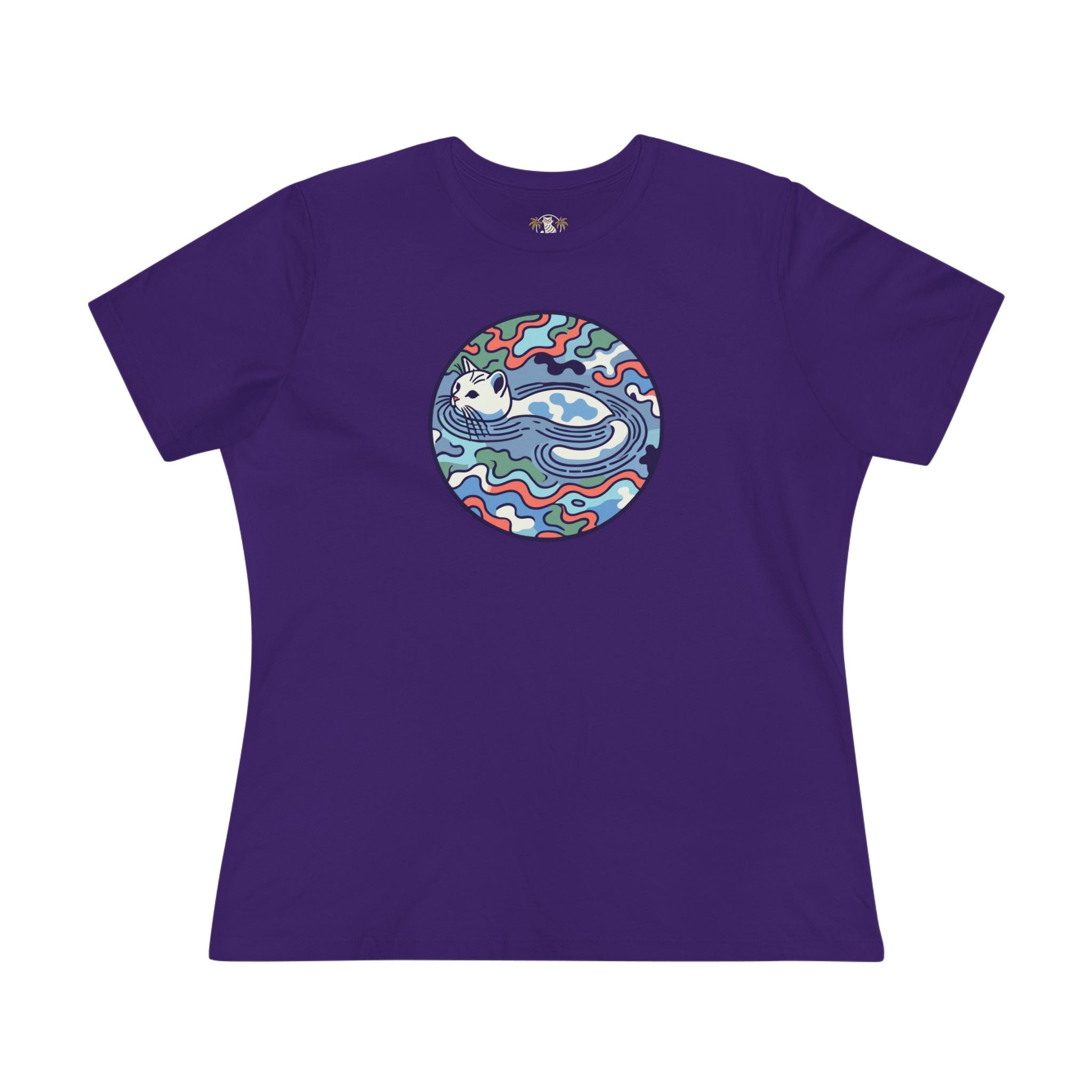 Team Purple A Bathing Cat Wave Camo Flow Graphic Women’s T Shirt for cat lovers