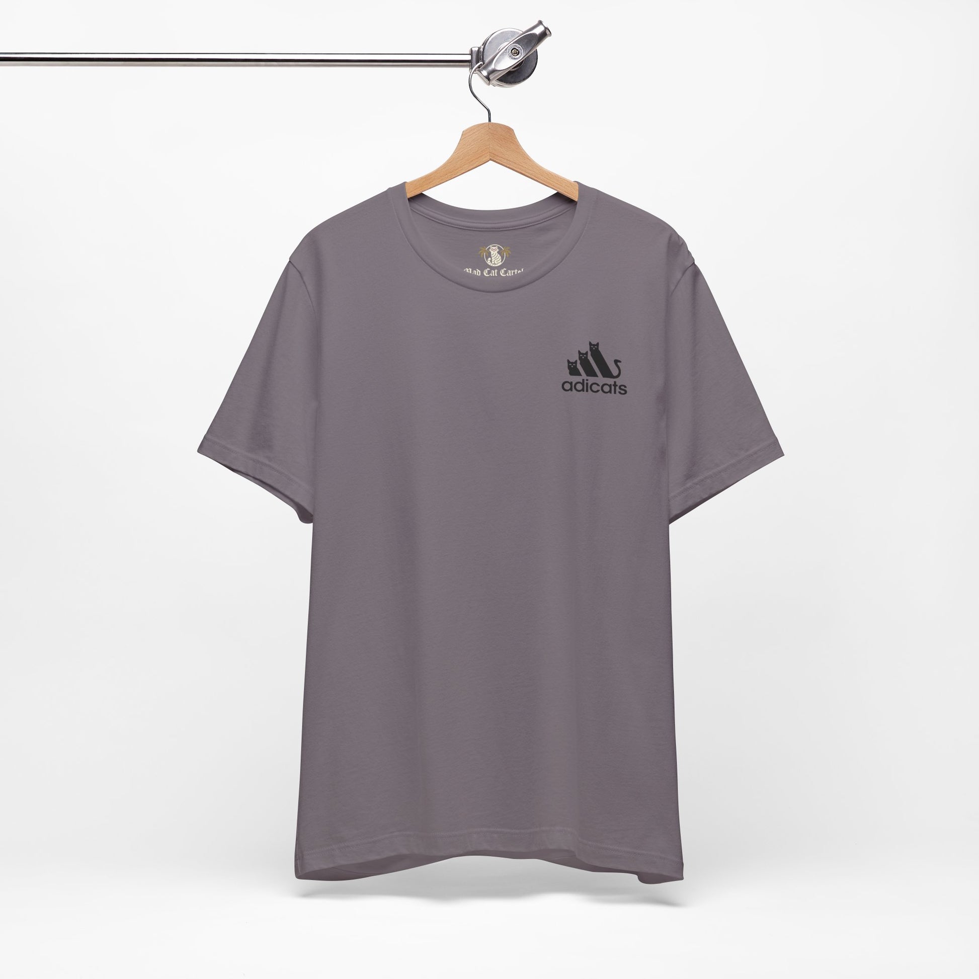 Gray t-shirt with adicats logo on a hanger against a white background