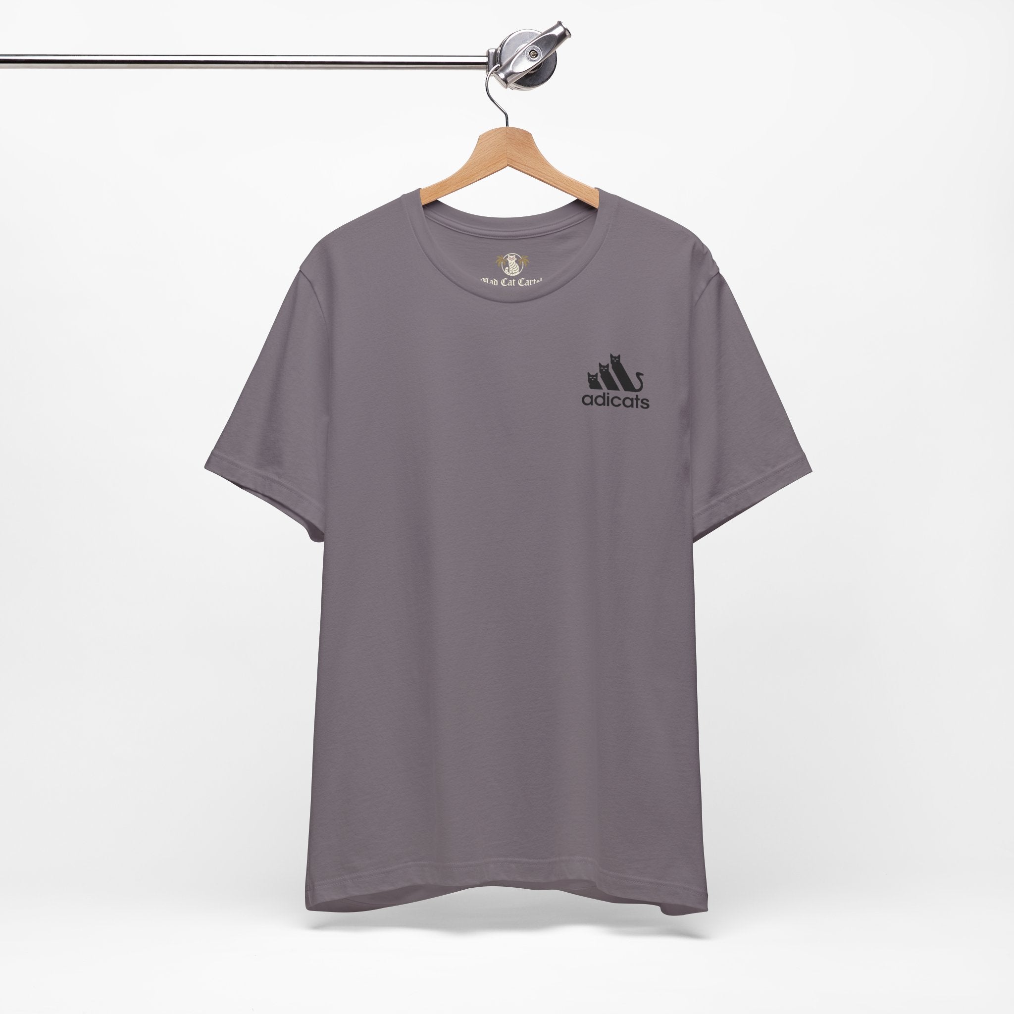 Gray t-shirt with adicats logo on a hanger against a white background