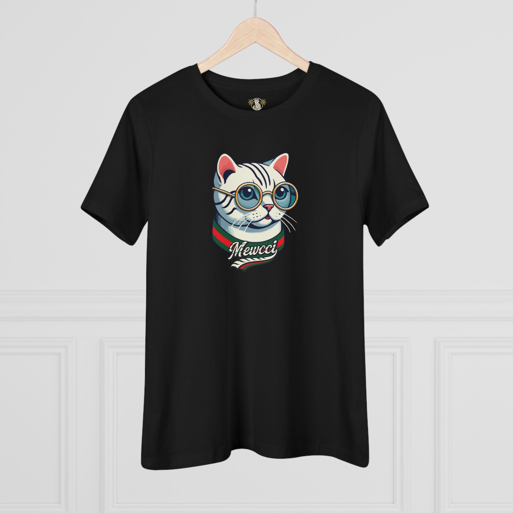 Black tee with cat graphic design on hanger funniest cat shirts