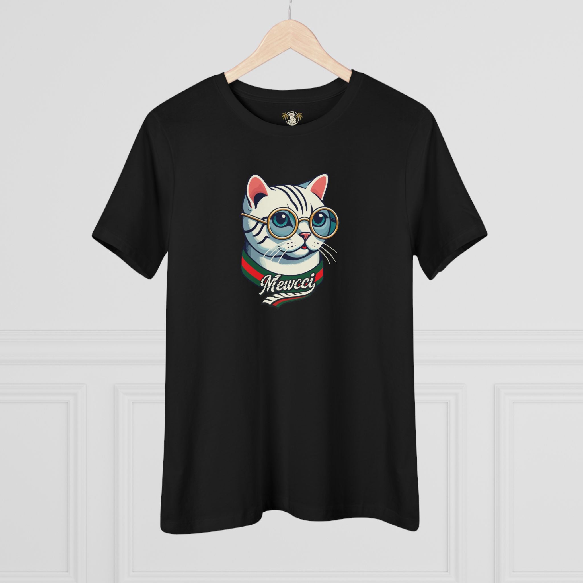 Black tee with cat graphic design on hanger funniest cat shirts