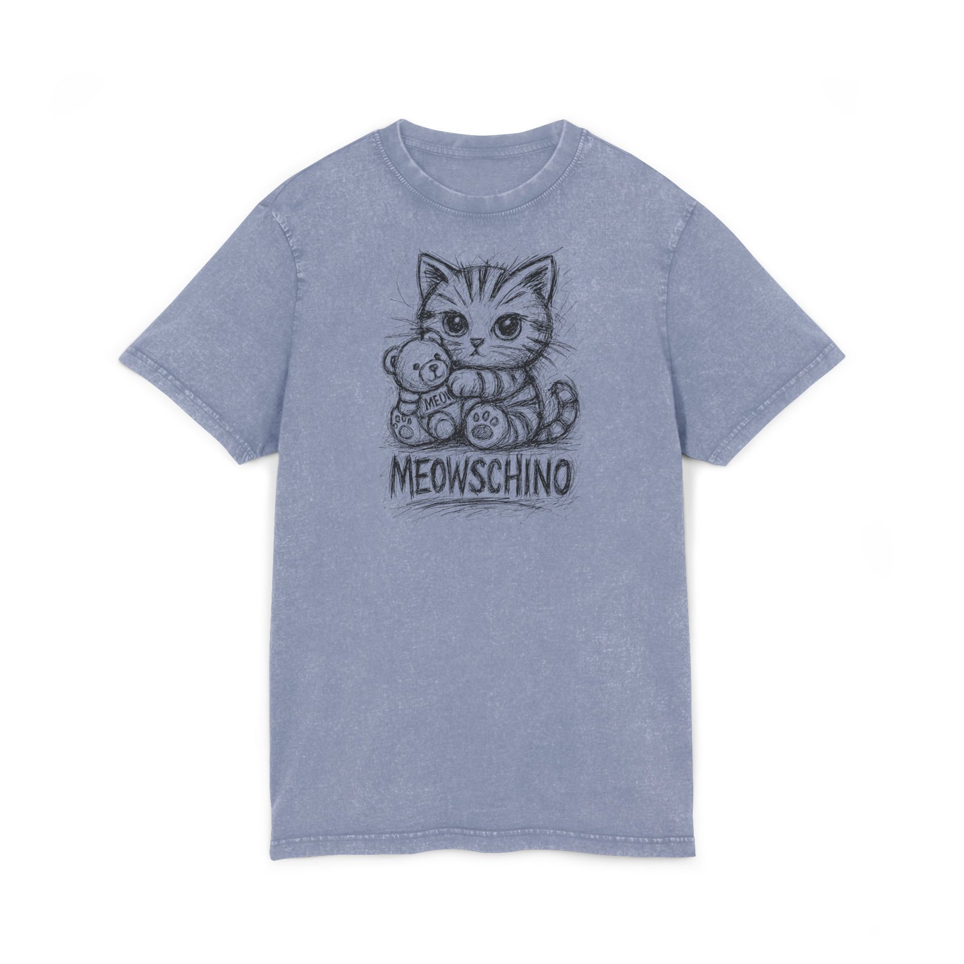 Meowschino Sketch Teddy Cat Acid Washed Graphic T Shirt, vintage blue front view cat graphic