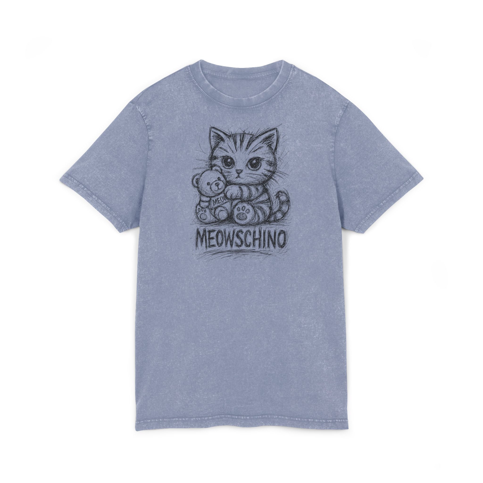 Meowschino Sketch Teddy Cat Acid Washed Graphic T Shirt, vintage blue front view cat graphic