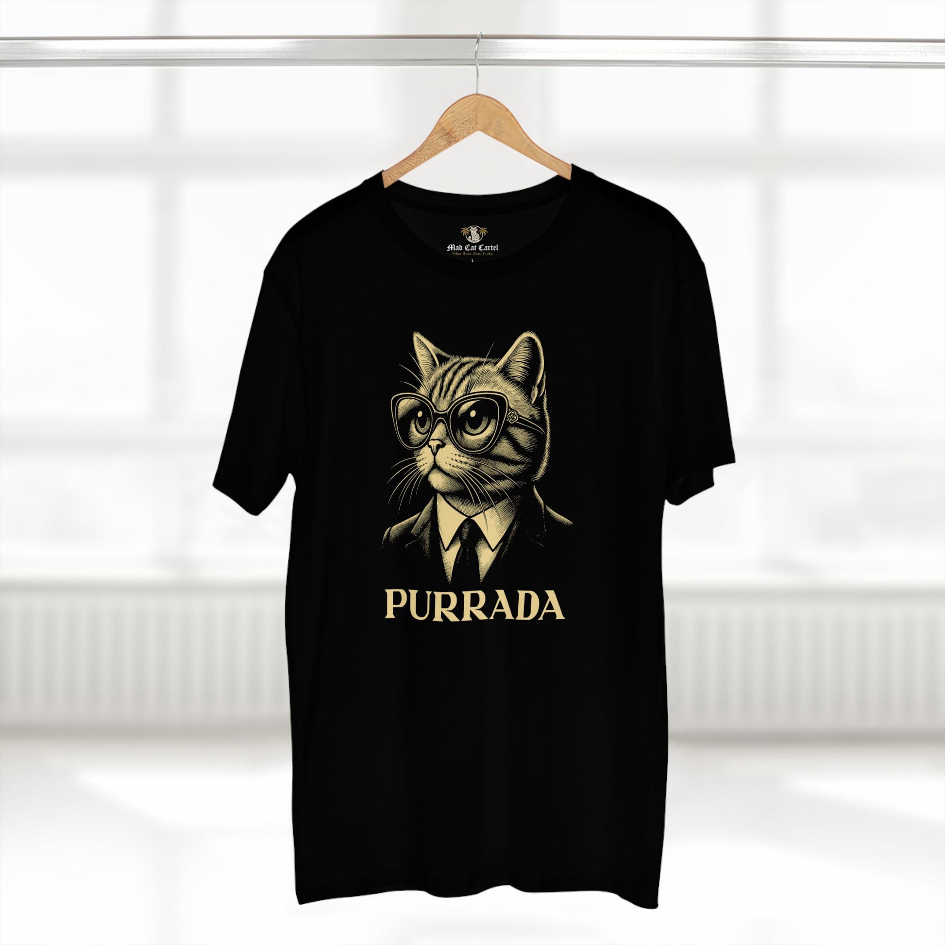 black graphic t shirt on hanger, clothes with cats on them, unique gift for cat lovers