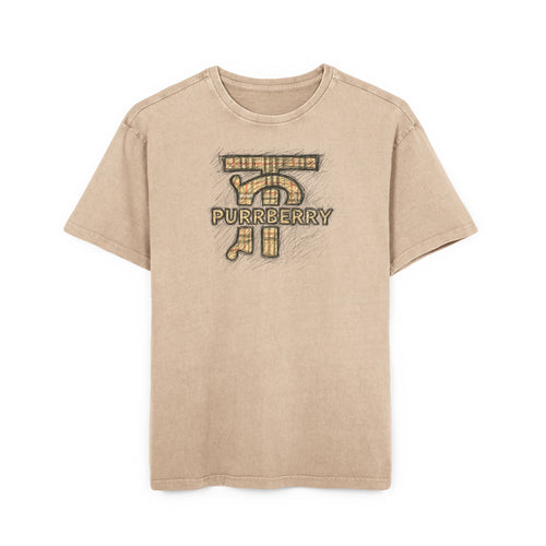 Purrberry Chest Sketch Logo Back Cat Graphic Acid Wash Oversized T Shirt, union beige front view
