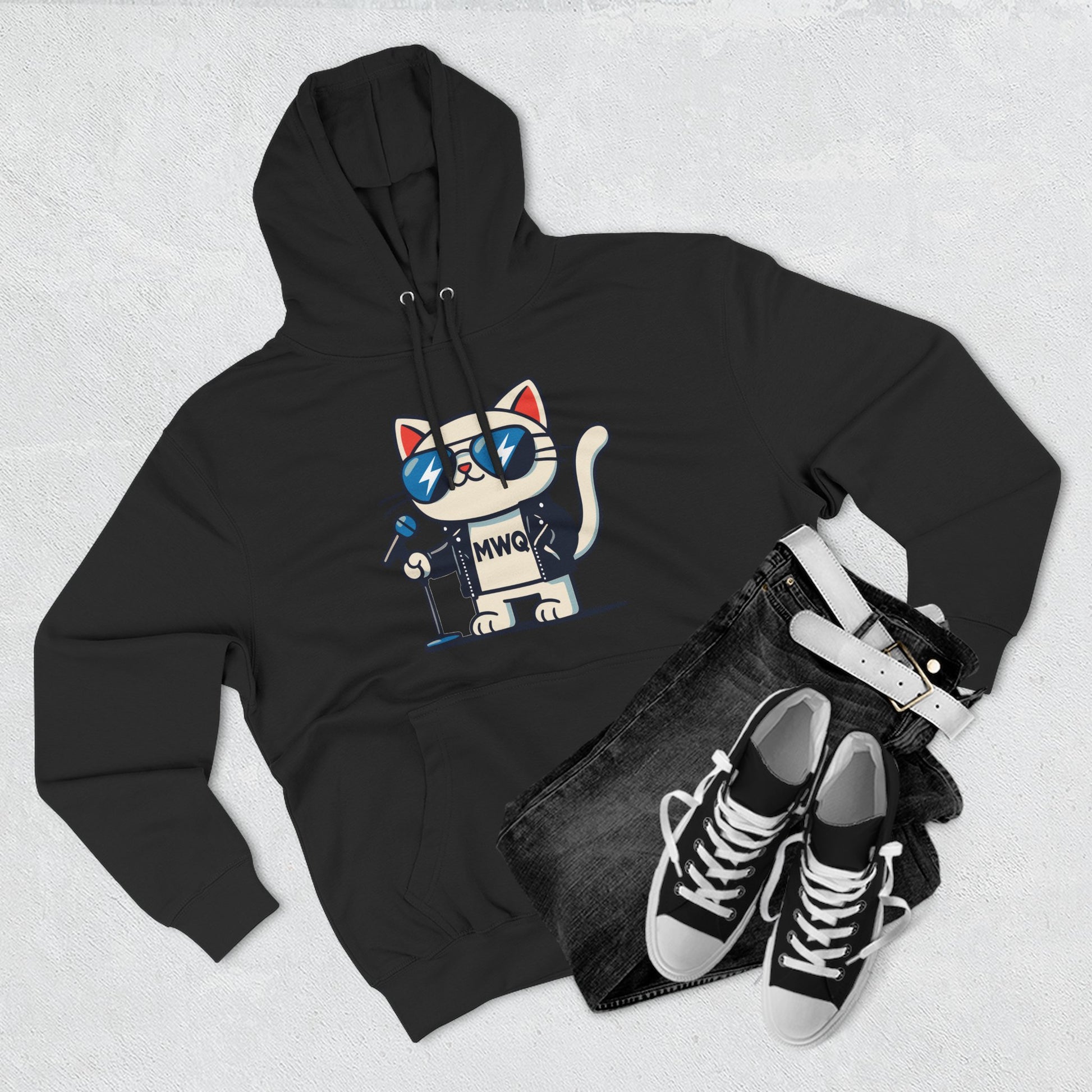 Flat lay of Alexander MewQueen black cat hoodie with sneakers, gifts for cat dads