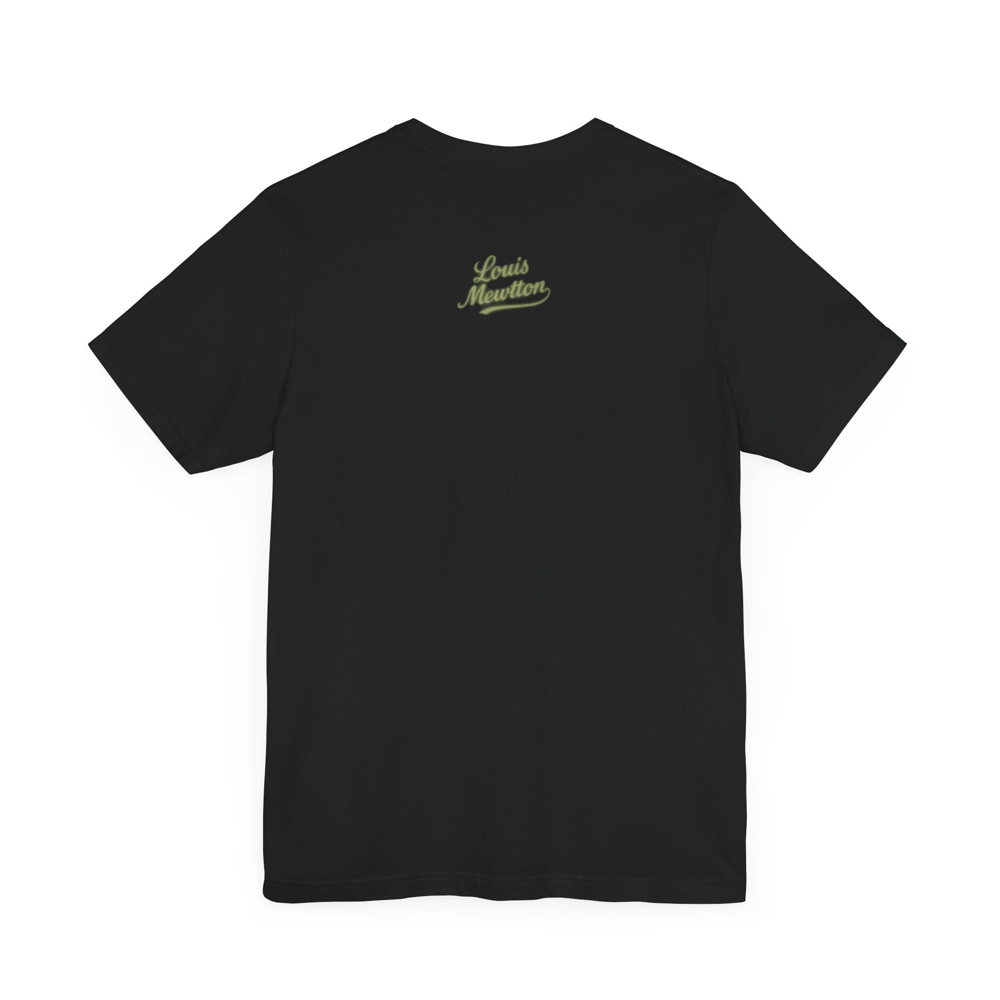 Back view of women's black t shirt with Louis Mewtton logo cat tee shirts womens