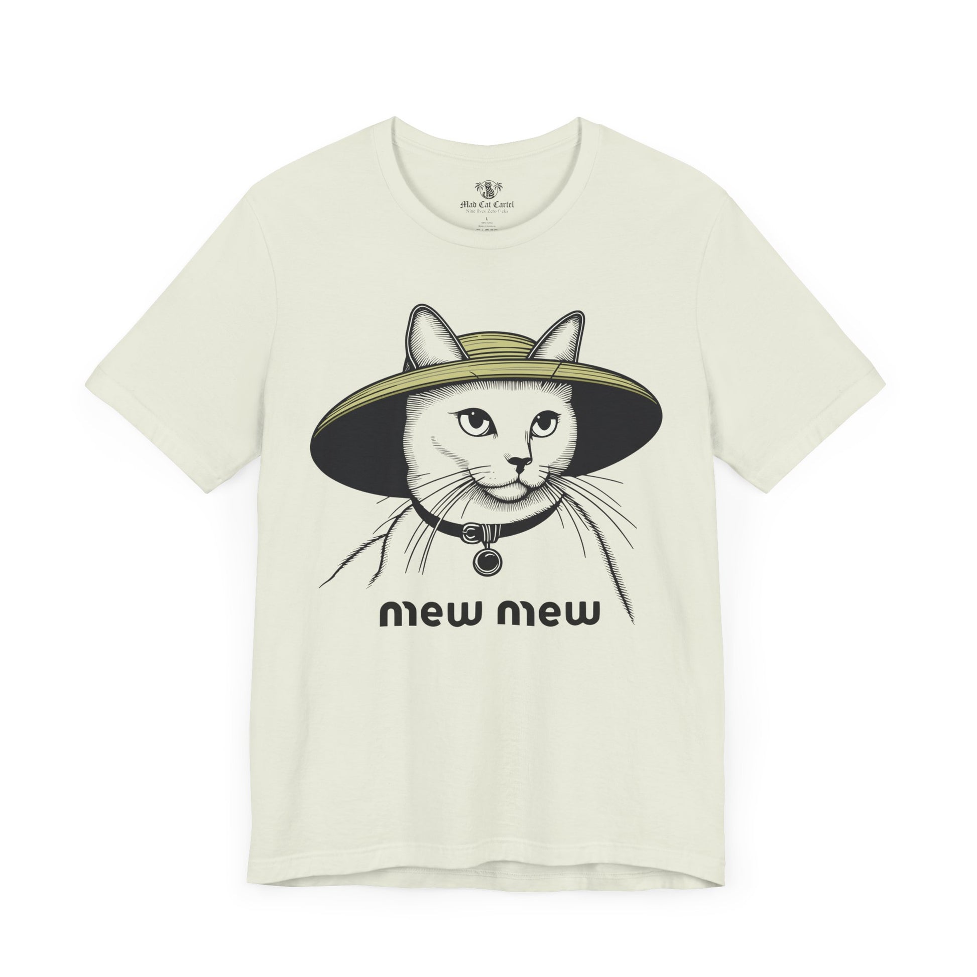 Mew Mew Iconic Hat cat graphic women’s t-shirt, minimalist luxury parody fashion tee by Mad Cat Cartel